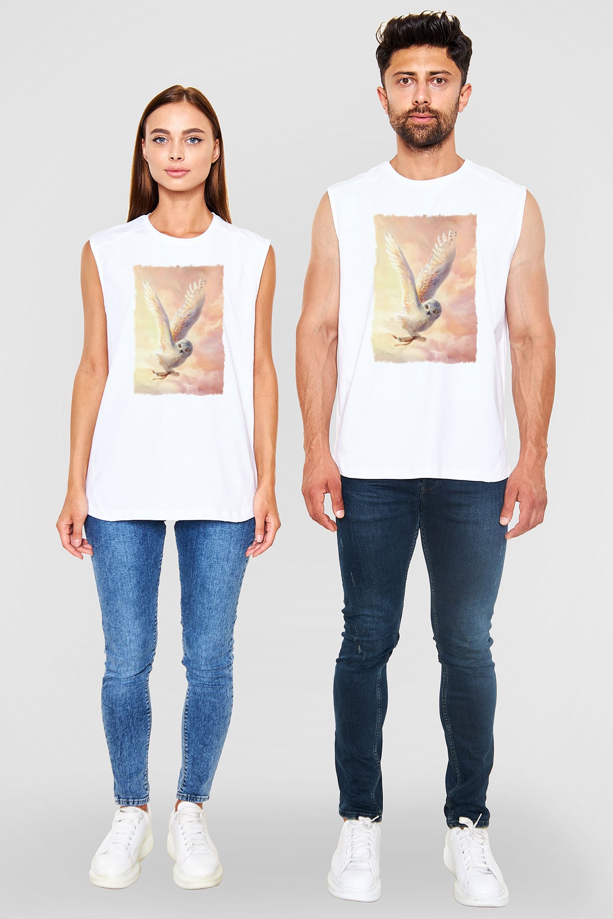 Baykuş Beyaz Unisex Kolsuz Tişört