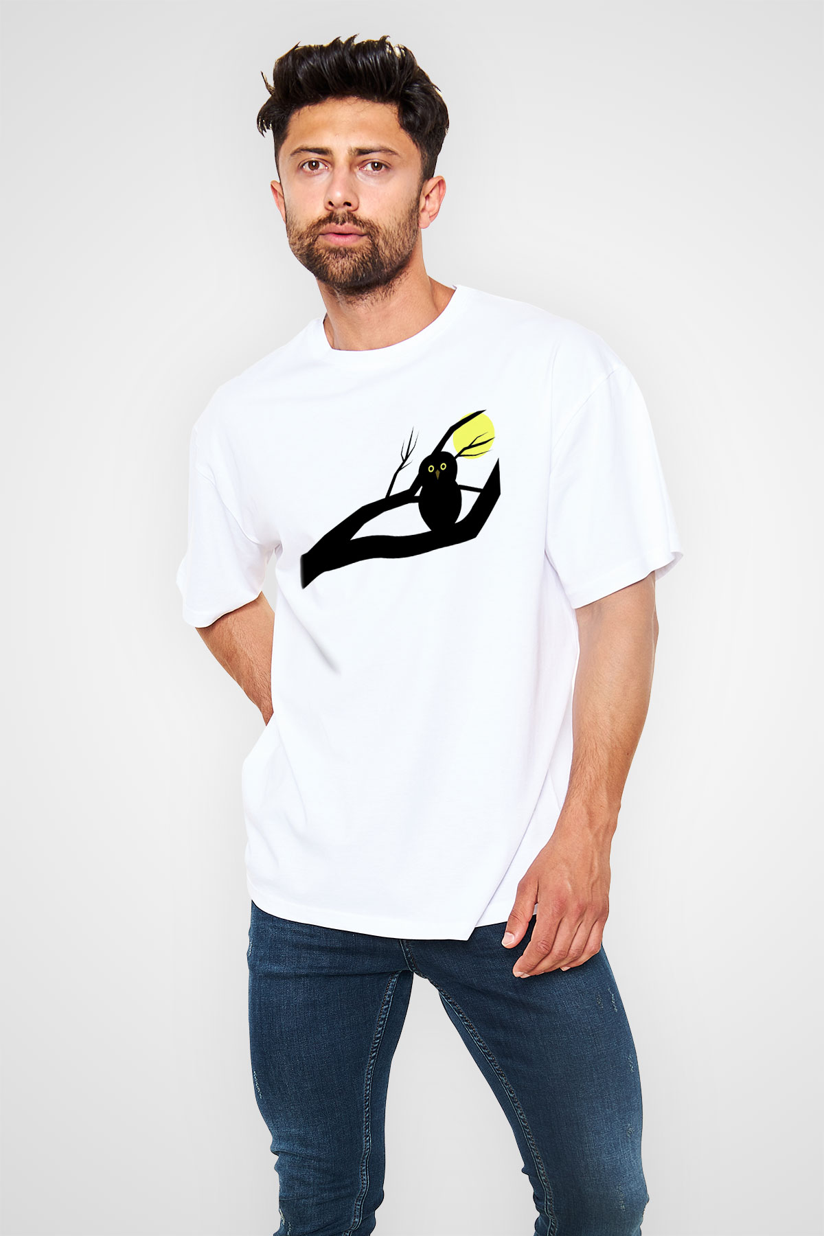 Baykuş Beyaz Unisex Oversize Tişört T-Shirt
