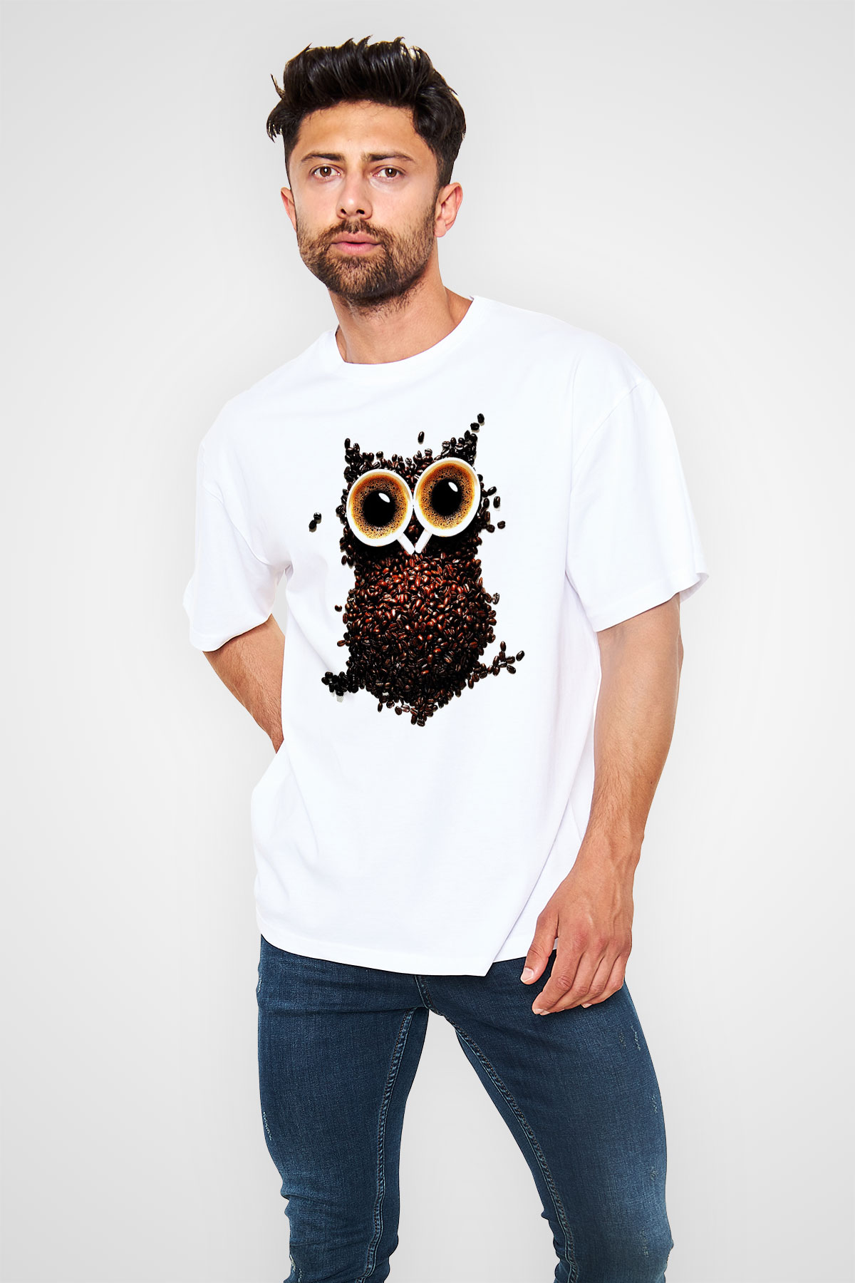 Baykuş Beyaz Unisex Oversize Tişört T-Shirt
