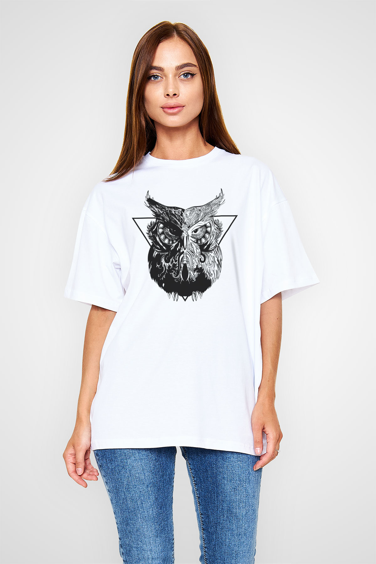 Baykuş Beyaz Unisex Oversize Tişört T-Shirt