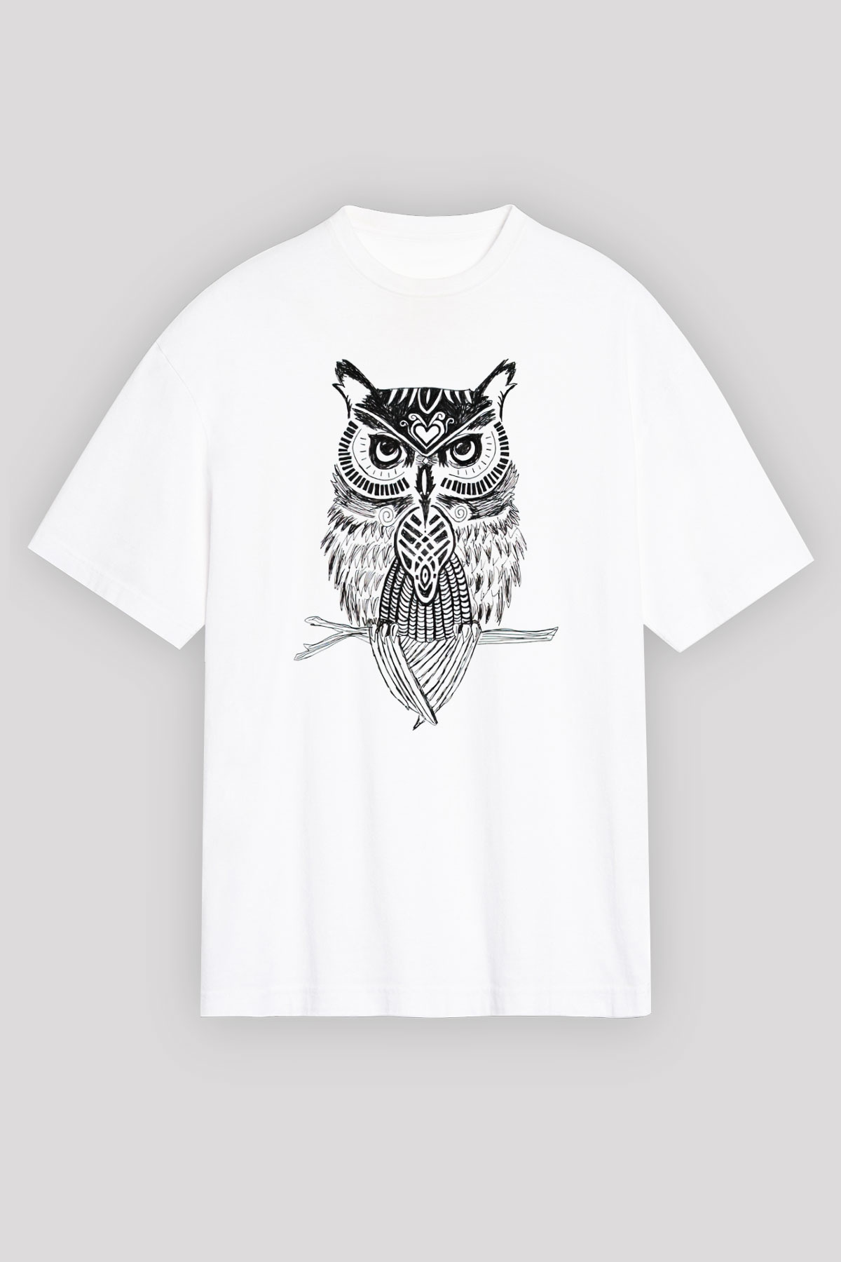 Baykuş Beyaz Unisex Oversize Tişört T-Shirt