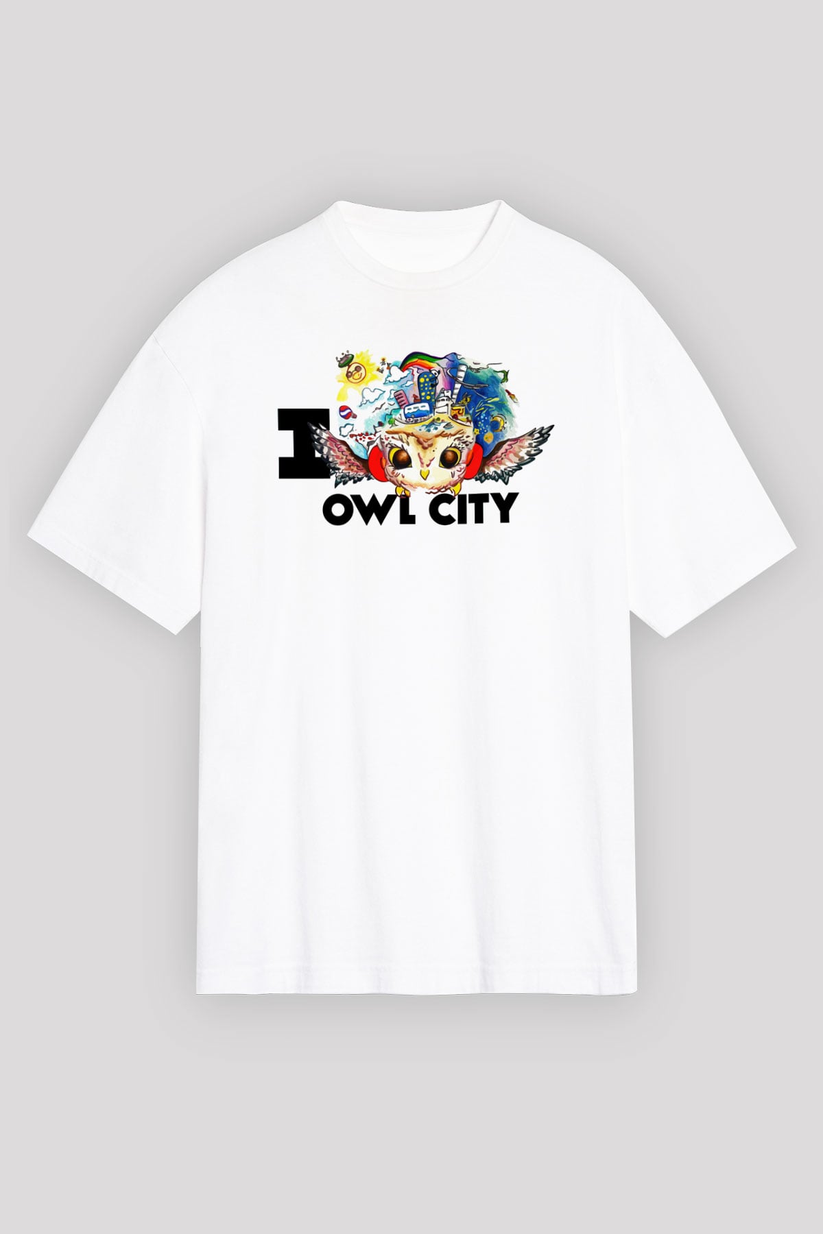 Baykuş Beyaz Unisex Oversize Tişört T-Shirt