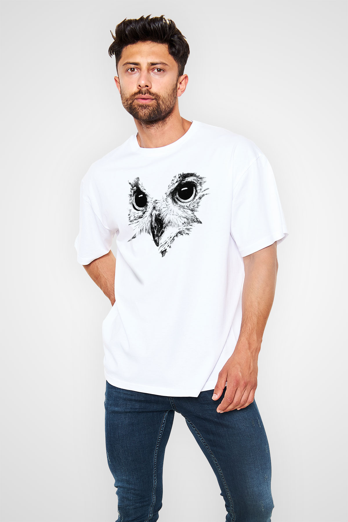 Baykuş Beyaz Unisex Oversize Tişört T-Shirt