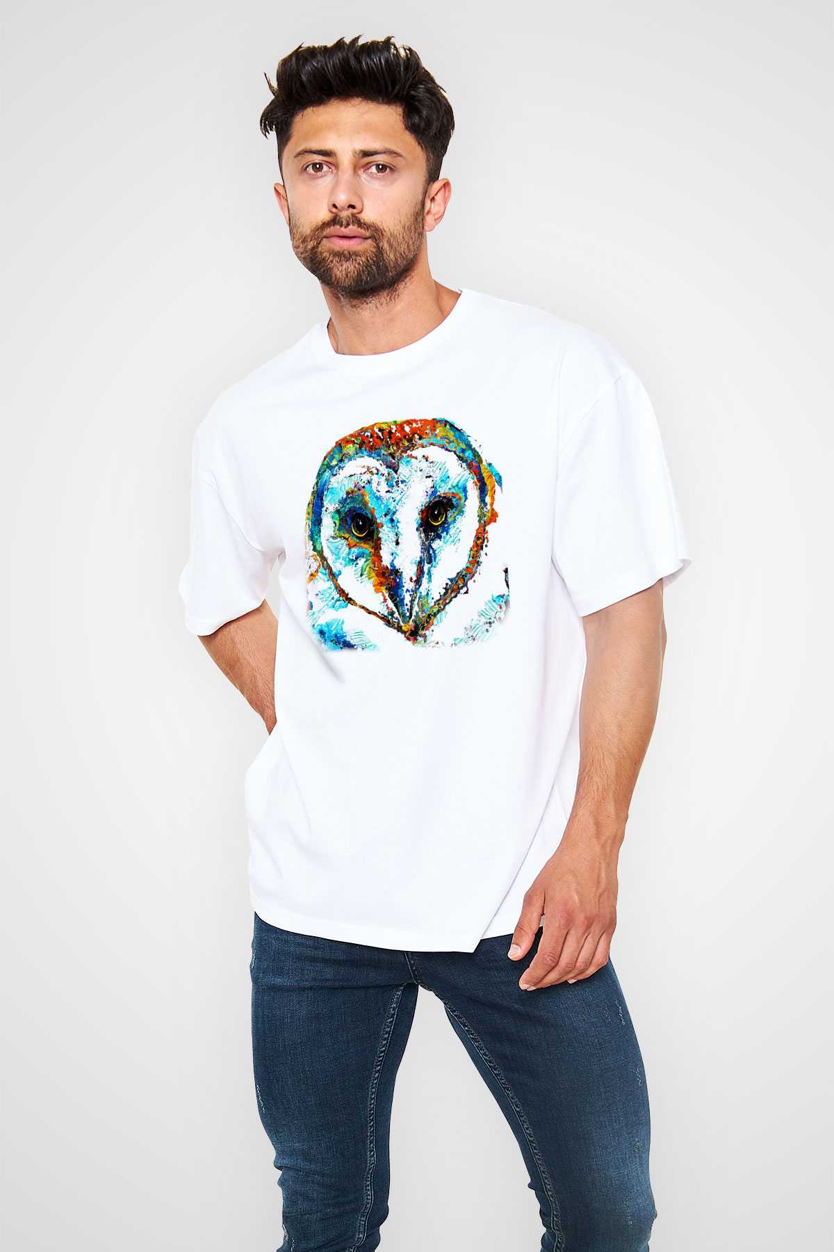 Baykuş Beyaz Unisex Oversize Tişört T-Shirt