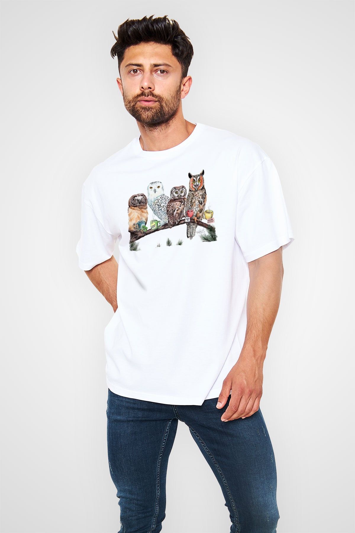 Baykuş Beyaz Unisex Tişört T-Shirt - TişörtFabrikası