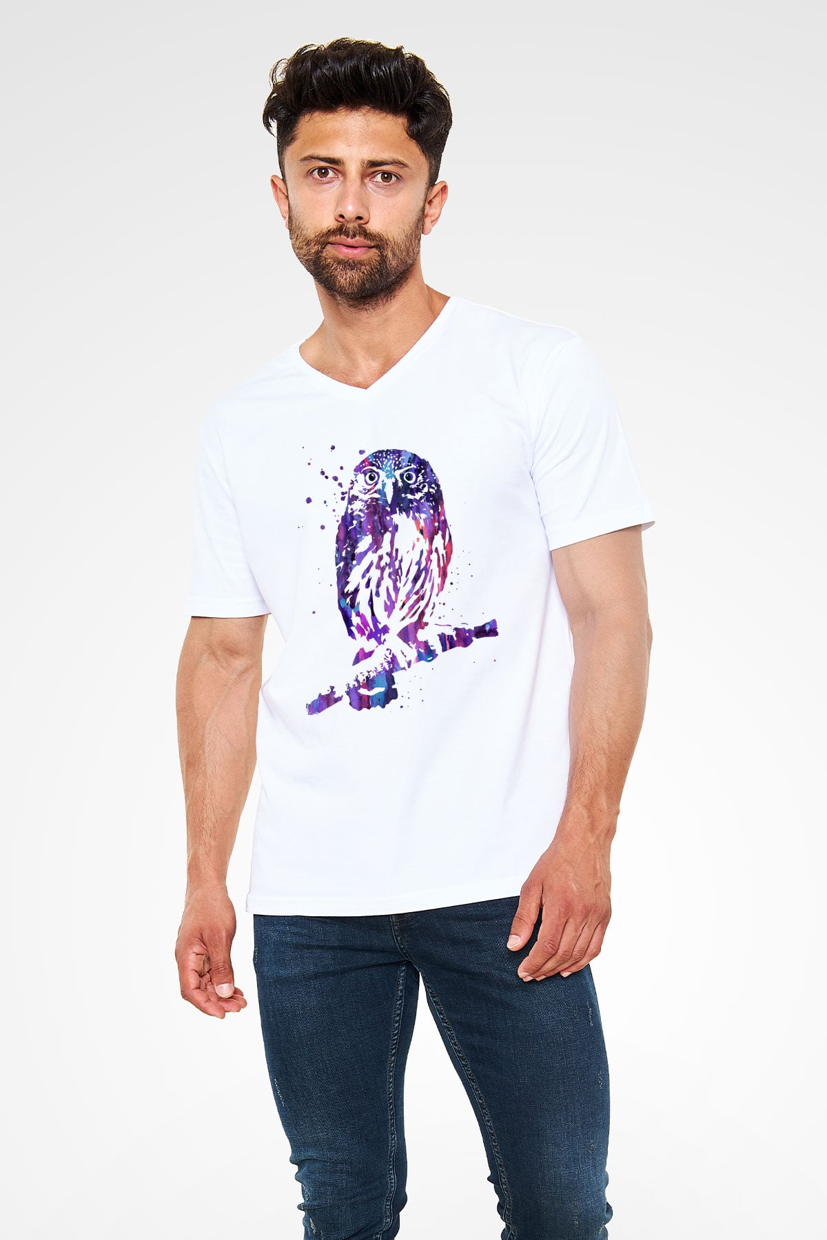 Baykuş Beyaz Unisex V Yaka Tişört