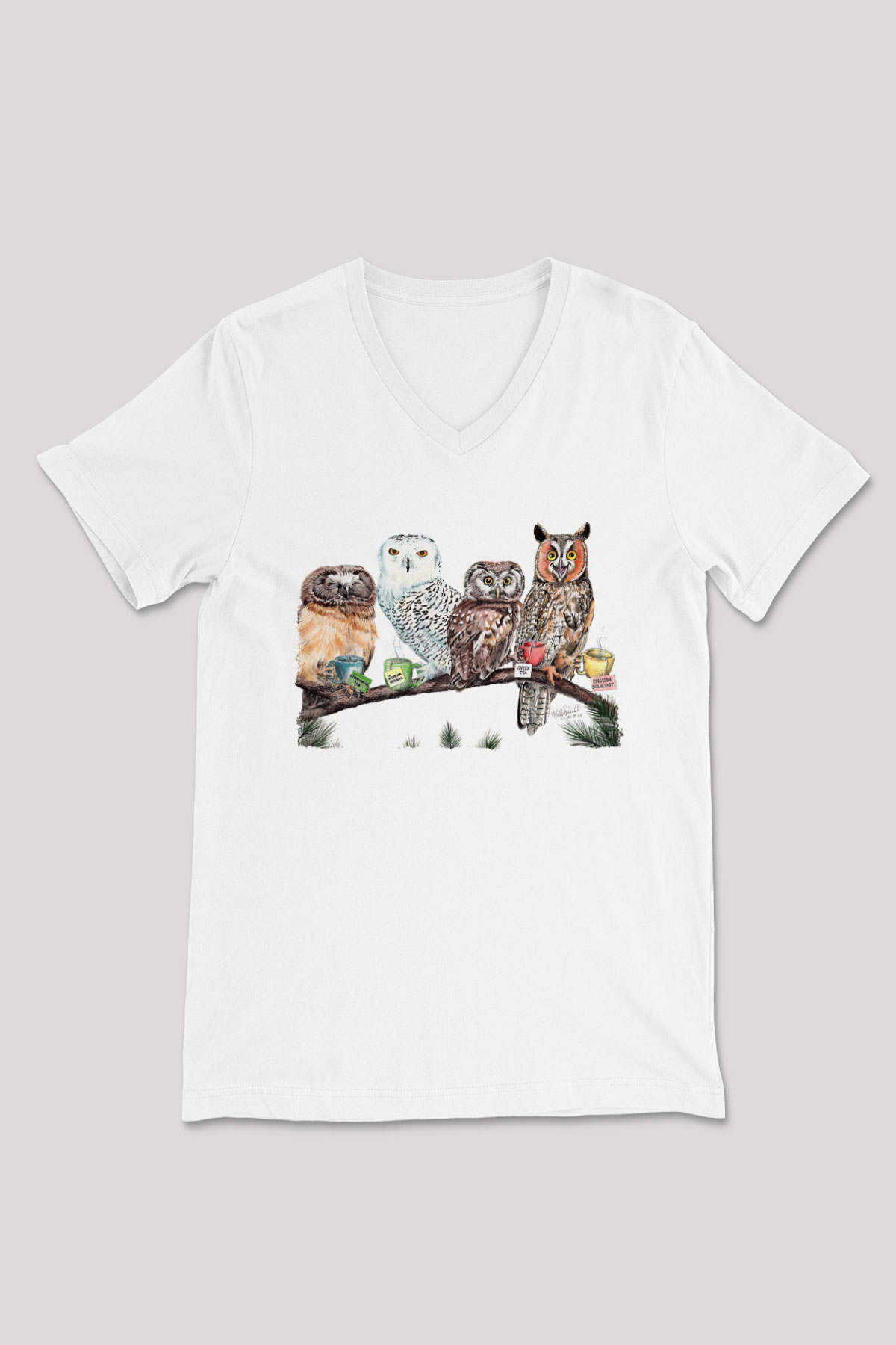 Baykuş Beyaz Unisex V Yaka Tişört