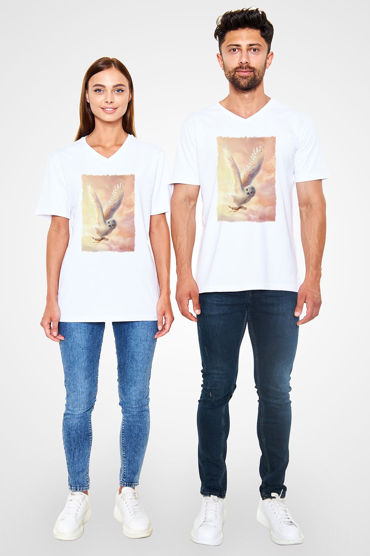 Baykuş Beyaz Unisex V Yaka Tişört