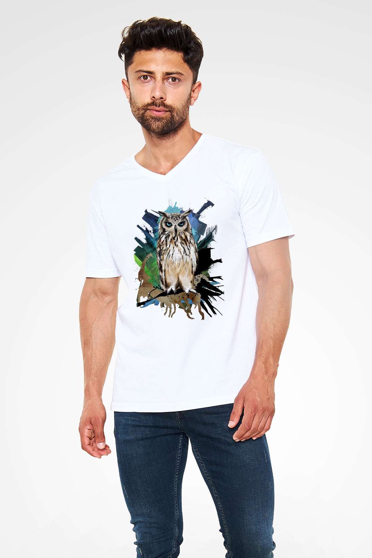 Baykuş Beyaz Unisex V Yaka Tişört