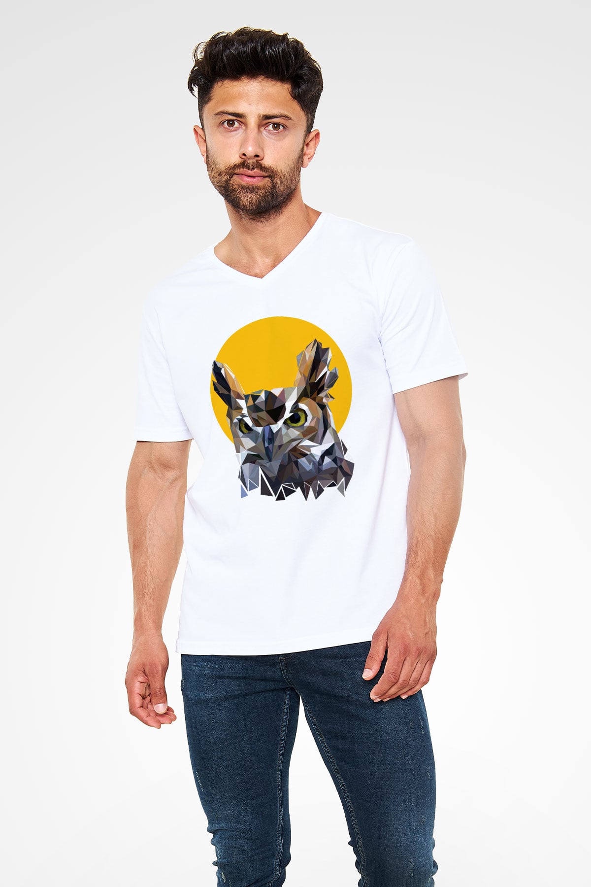 Baykuş Beyaz Unisex V Yaka Tişört