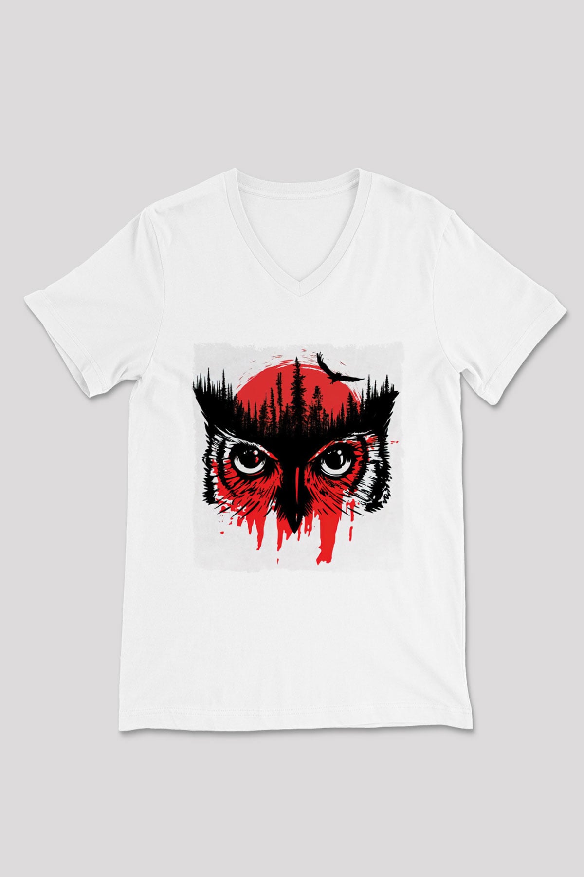 Baykuş Beyaz Unisex V Yaka Tişört