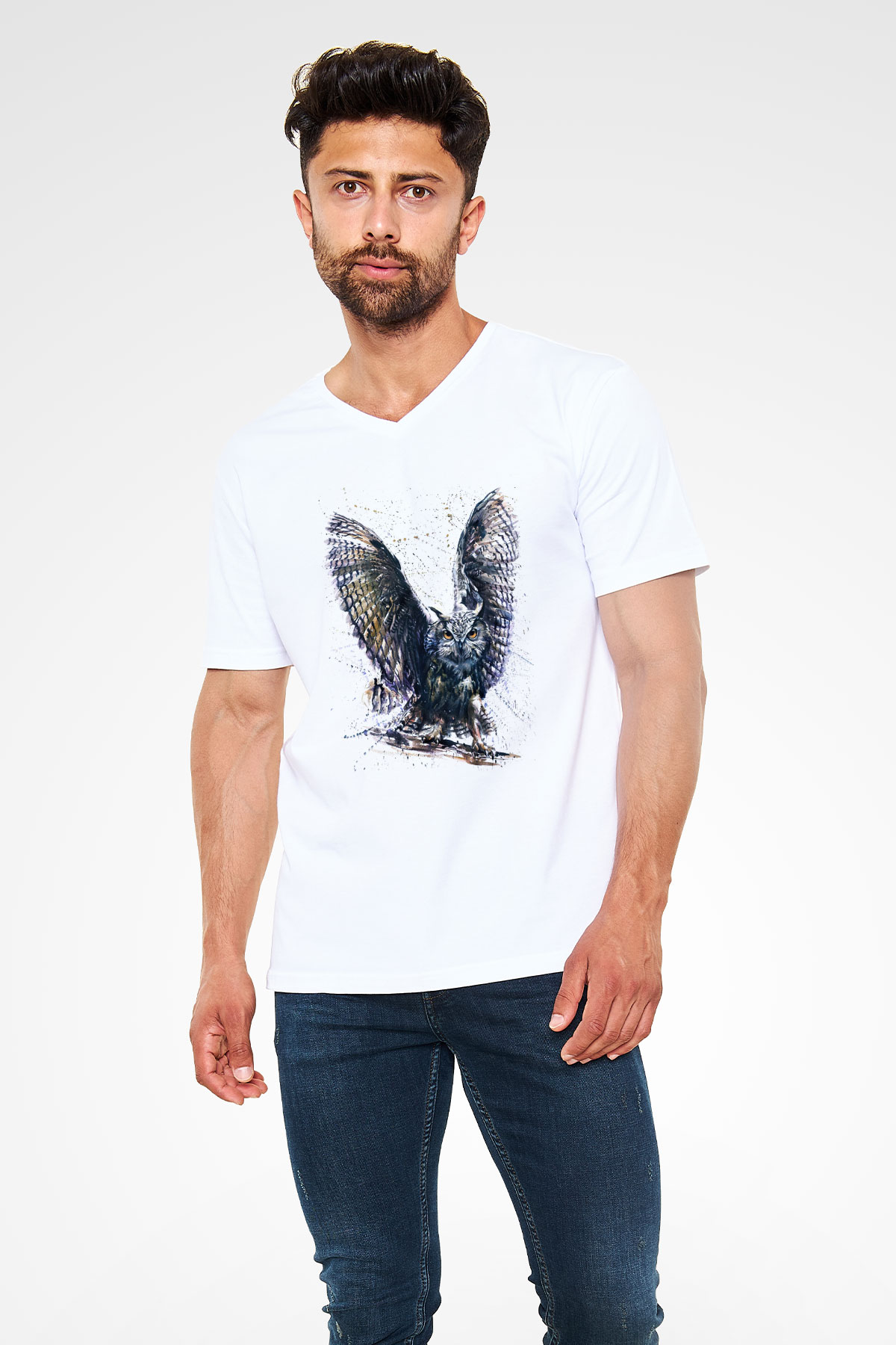 Baykuş Beyaz Unisex V Yaka Tişört