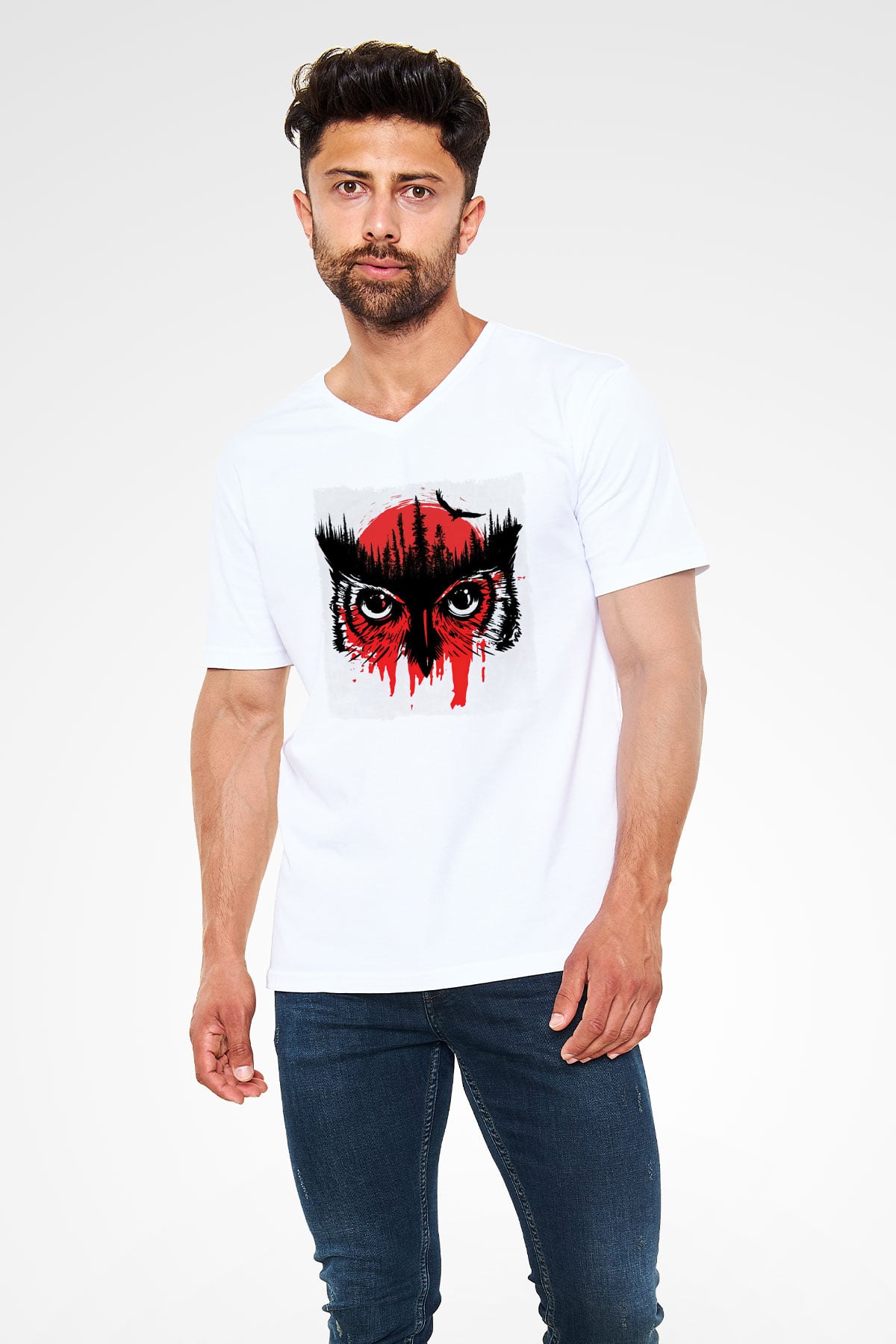 Baykuş Beyaz Unisex V Yaka Tişört