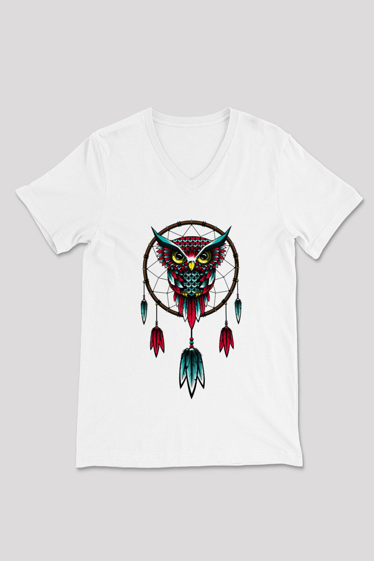 Baykuş Beyaz Unisex V Yaka Tişört T-Shirt