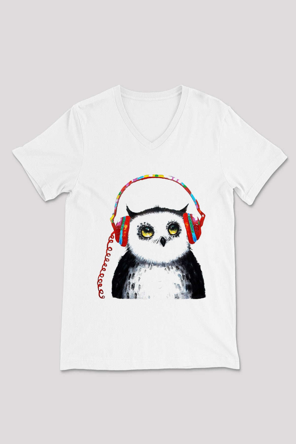 Baykuş Beyaz Unisex V Yaka Tişört T-Shirt