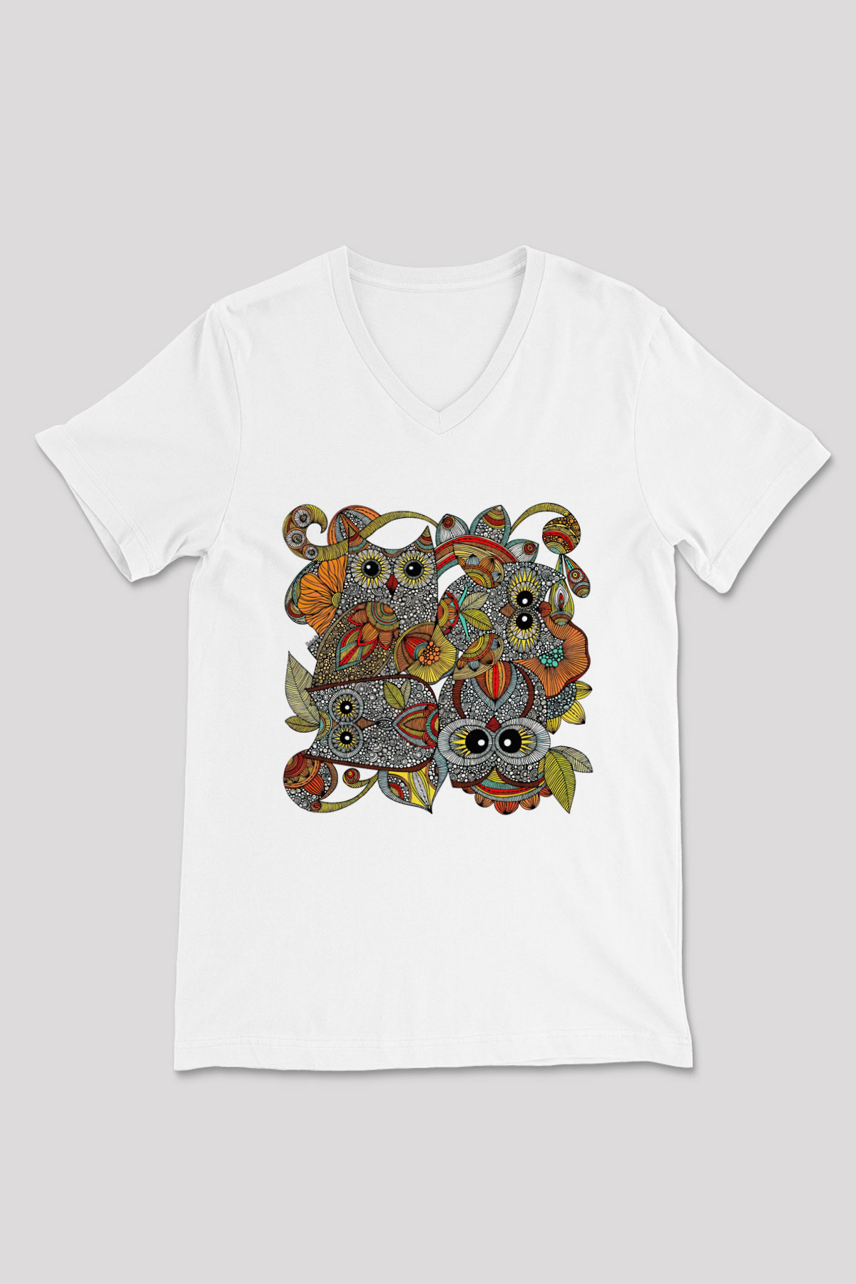 Baykuş Beyaz Unisex V Yaka Tişört T-Shirt