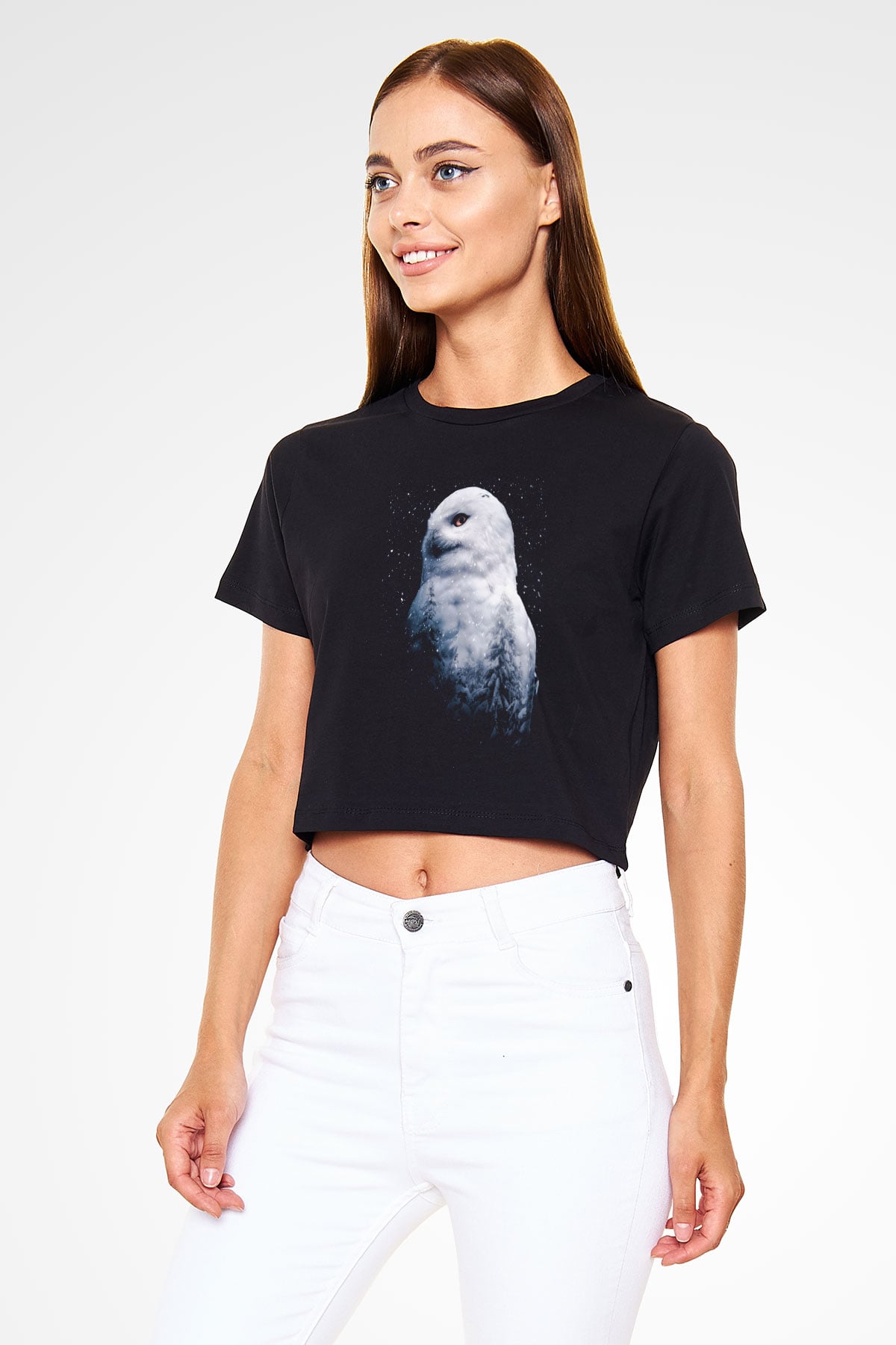 Baykuş Siyah  Crop Top Tişört