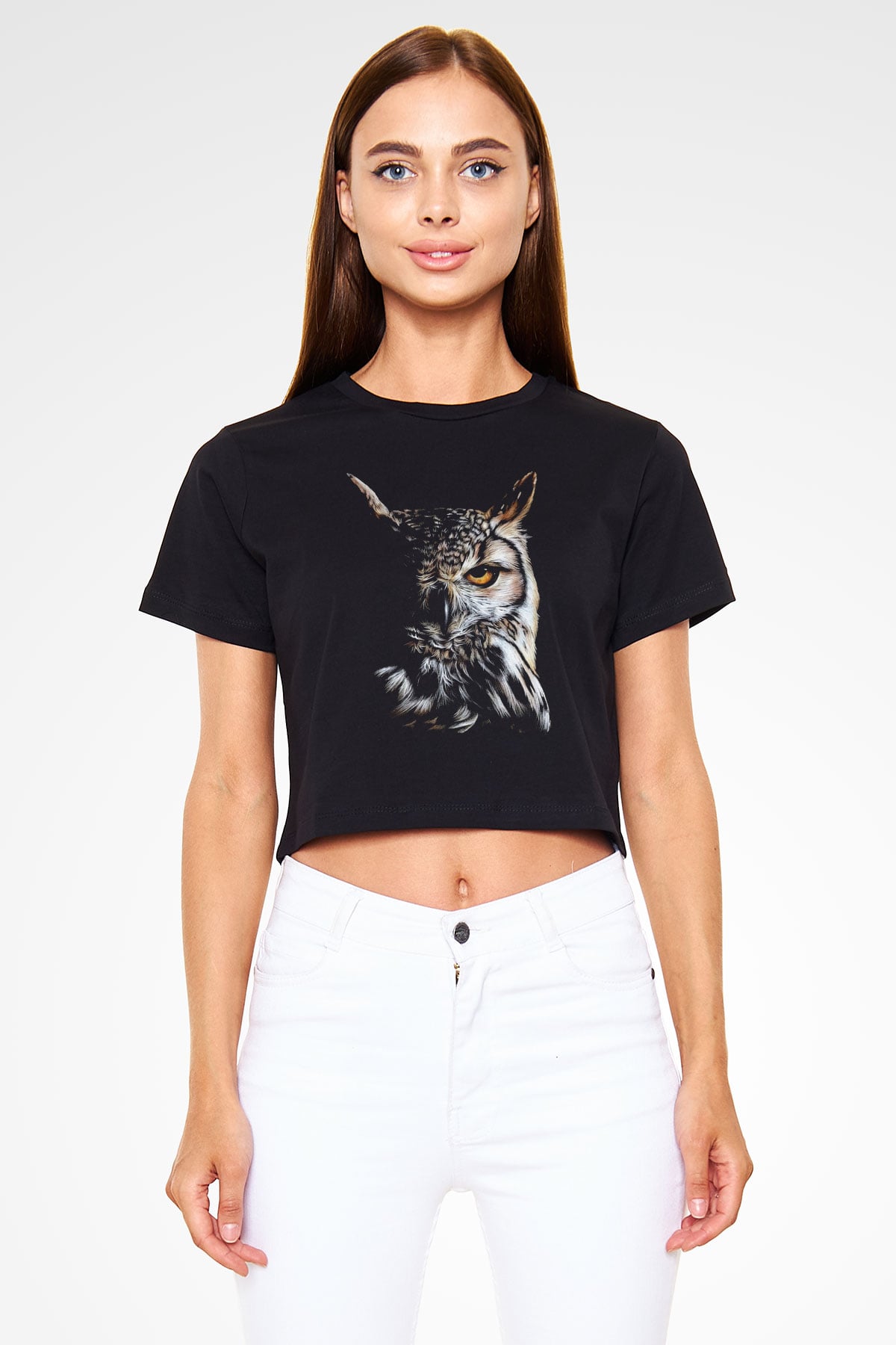 Baykuş Siyah  Crop Top Tişört