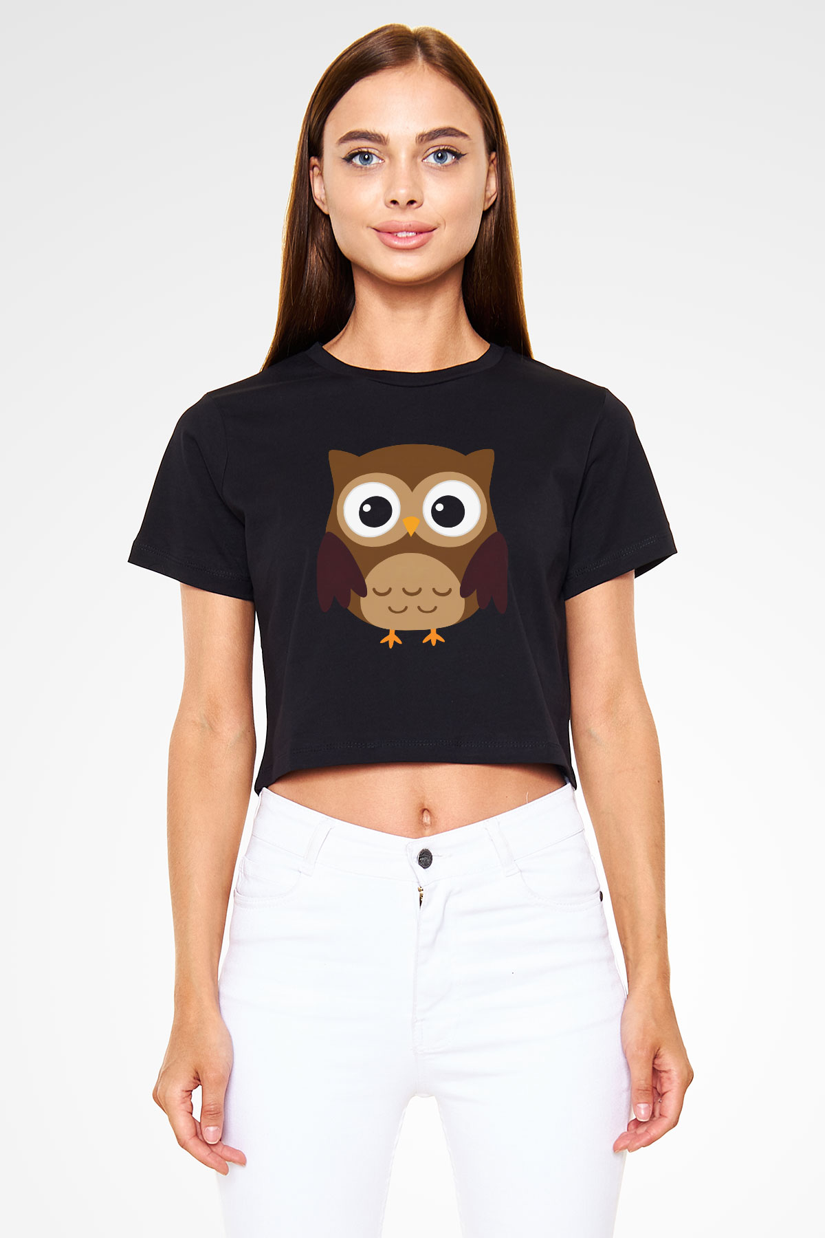 Baykuş Siyah Crop Top Tişört
