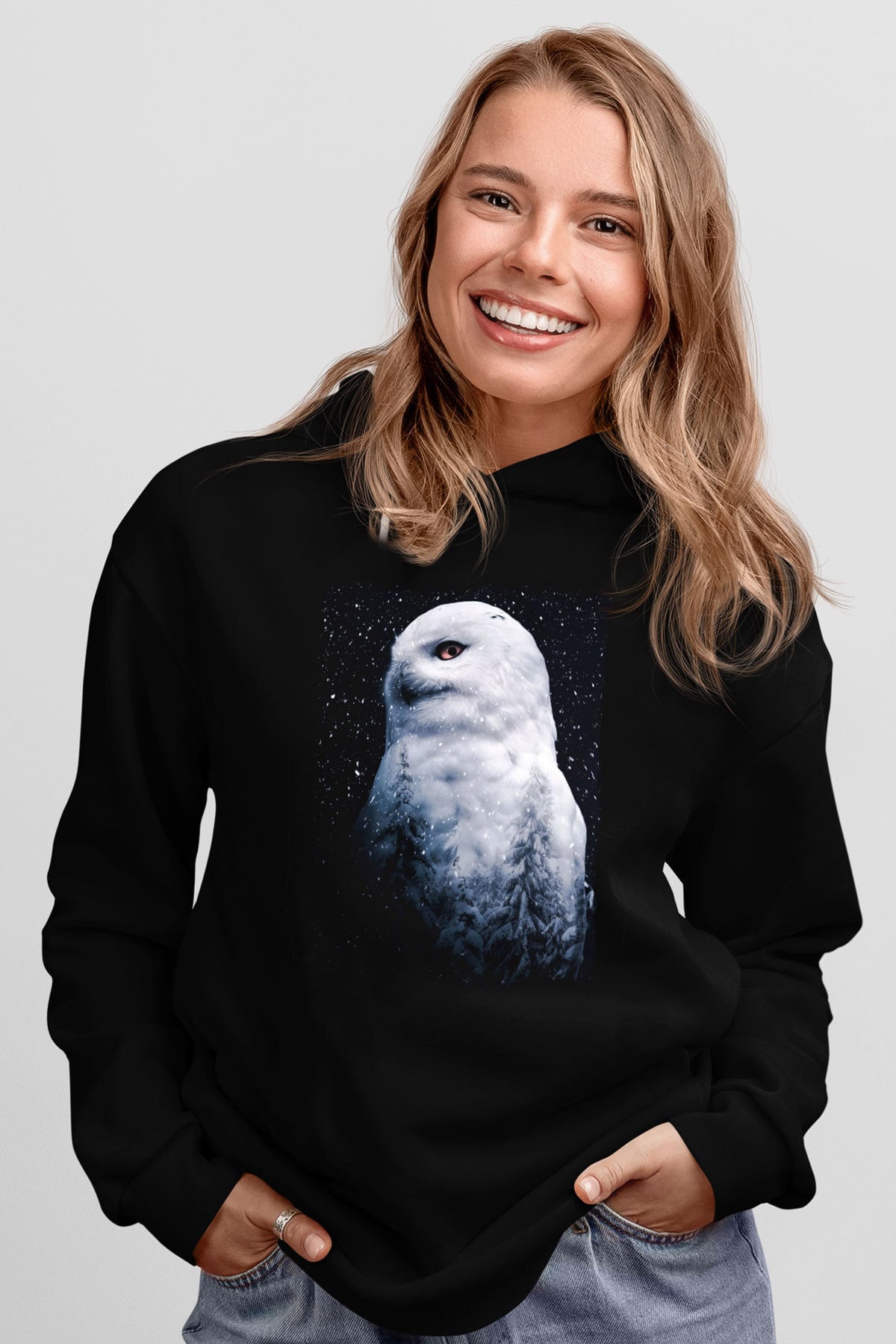 Baykuş Siyah Unisex Kapüşonlu Sweatshirt