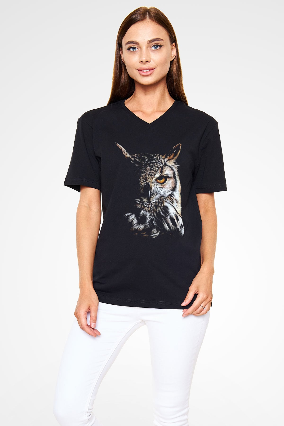 Baykuş Siyah Unisex V Yaka Tişört