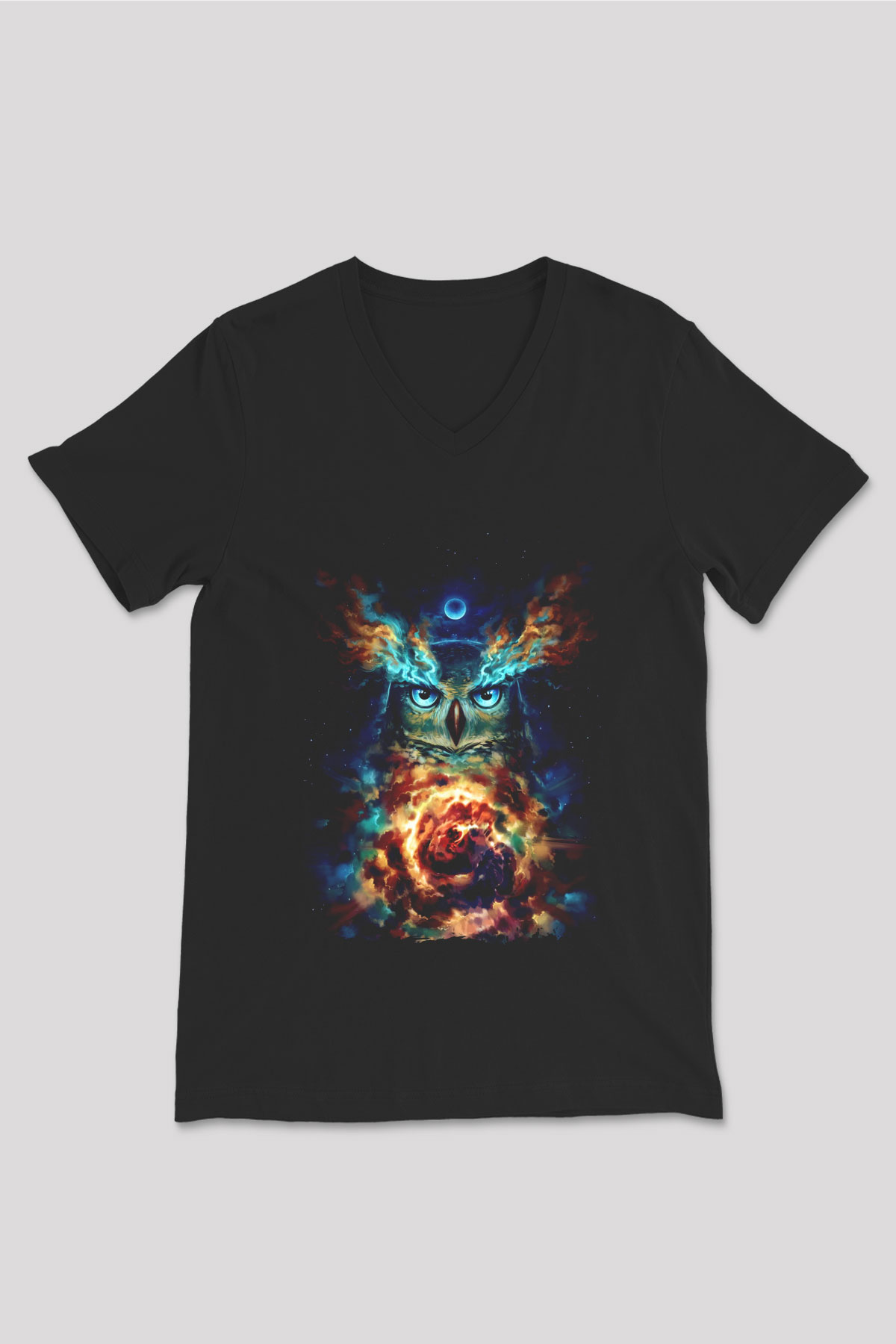 Baykuş Siyah Unisex V Yaka Tişört