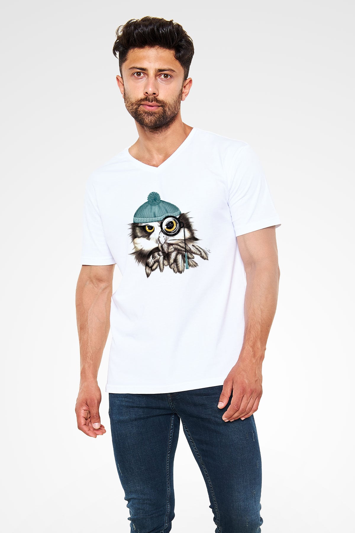 Baykuş Siyah Unisex V Yaka Tişört