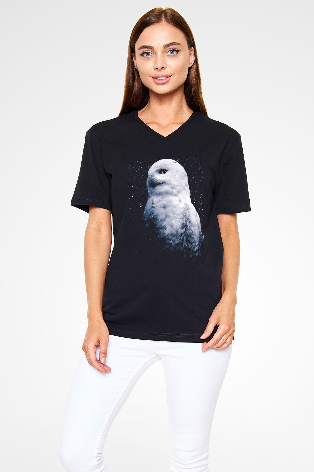 Baykuş Siyah Unisex V Yaka Tişört