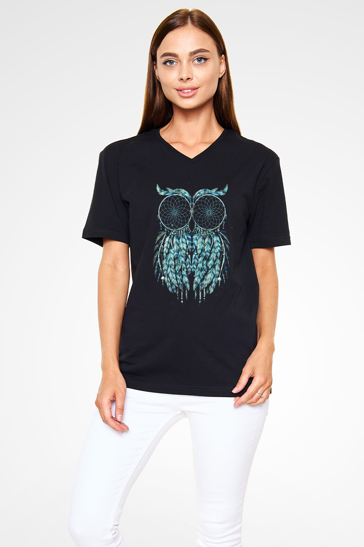 Baykuş Siyah Unisex V Yaka Tişört T-Shirt