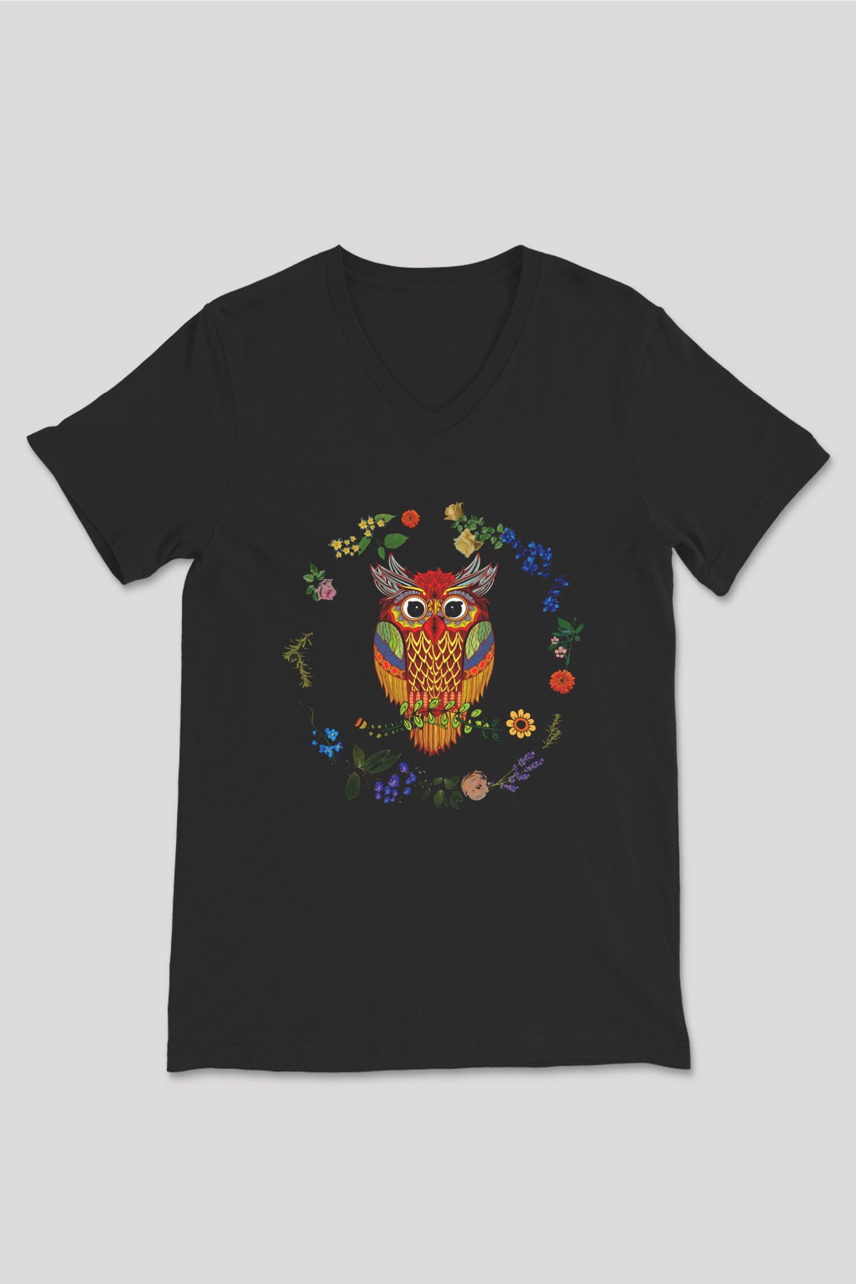 Baykuş Siyah Unisex V Yaka Tişört T-Shirt