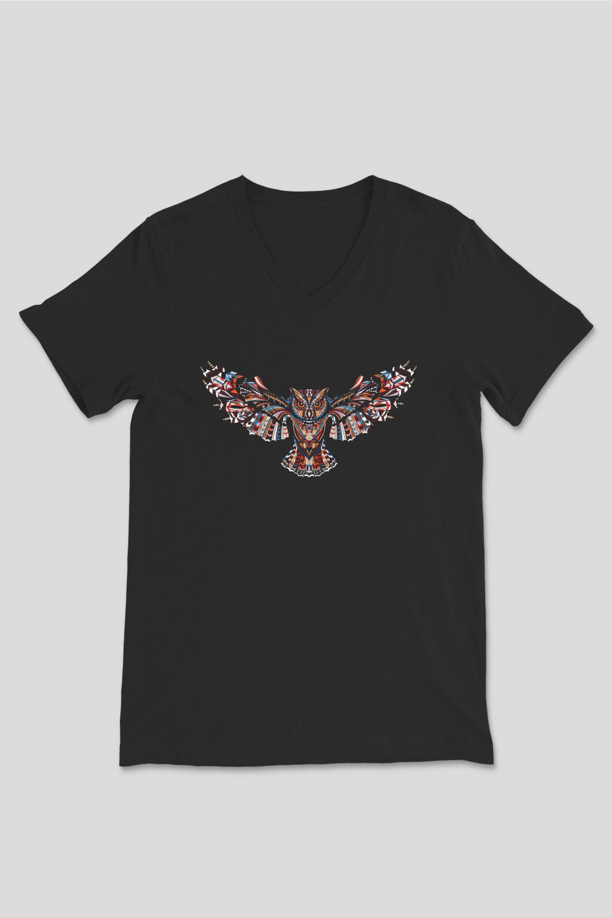 Baykuş Siyah Unisex V Yaka Tişört T-Shirt