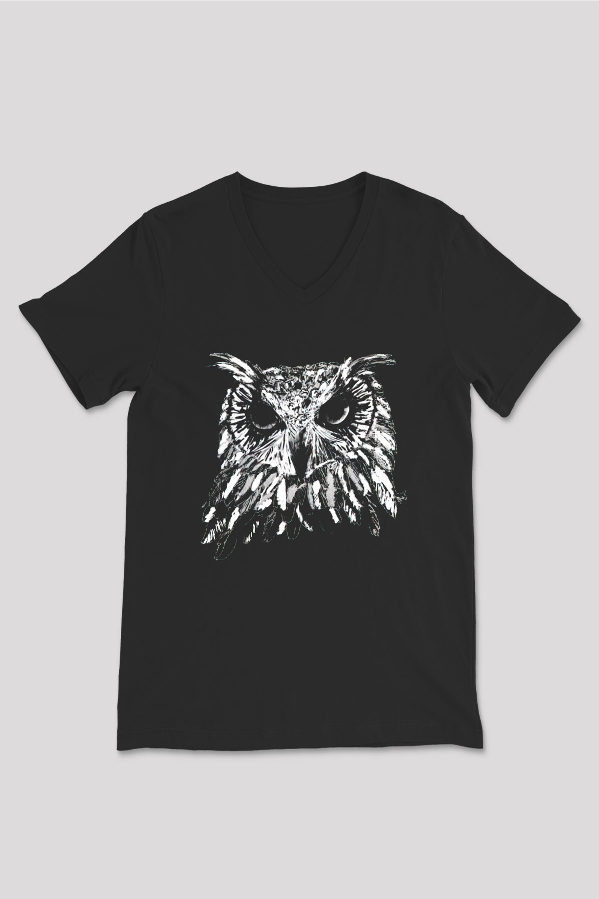 Baykuş Siyah Unisex V Yaka Tişört T-Shirt