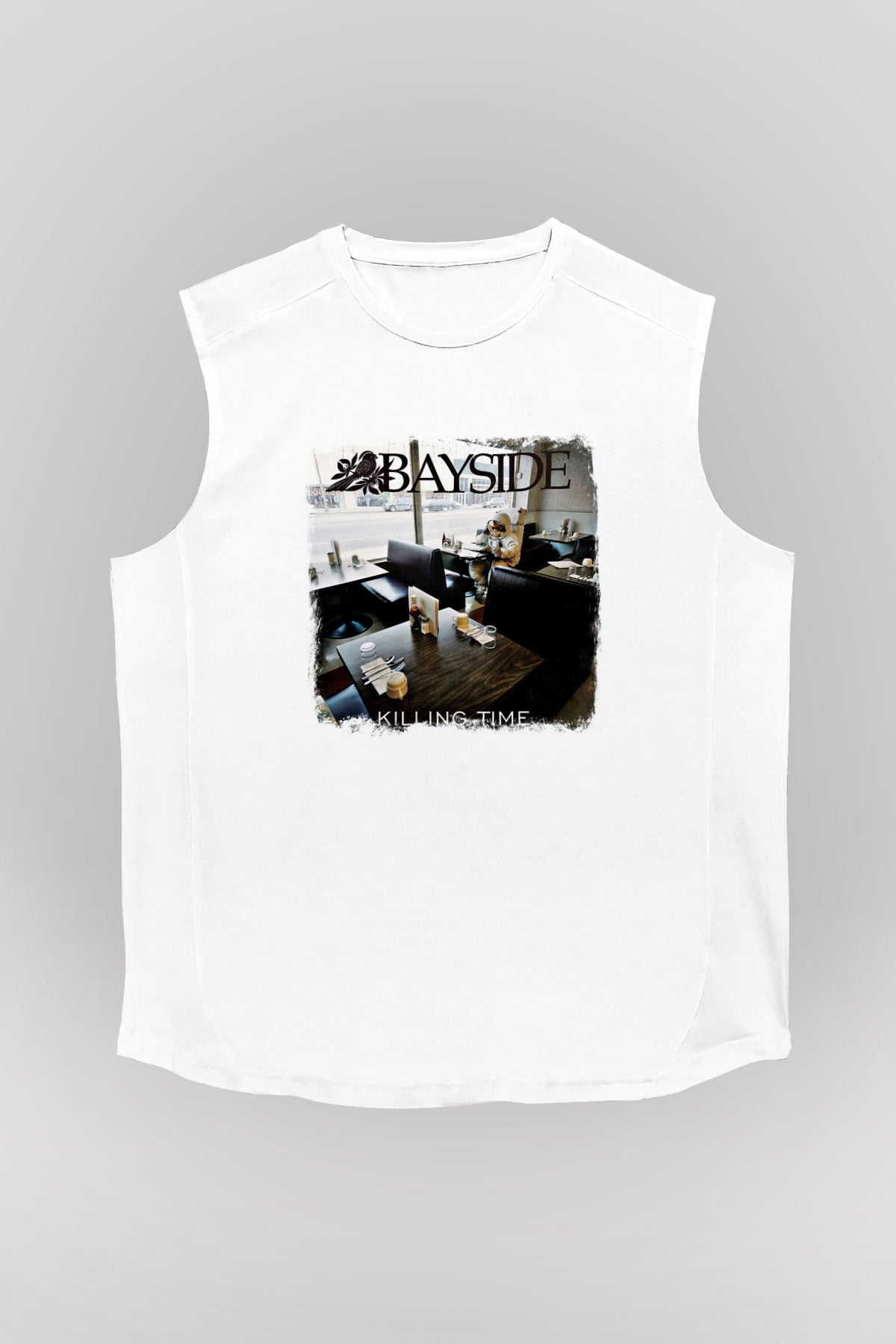 Bayside Baskılı Unisex Beyaz Kolsuz Tişört
