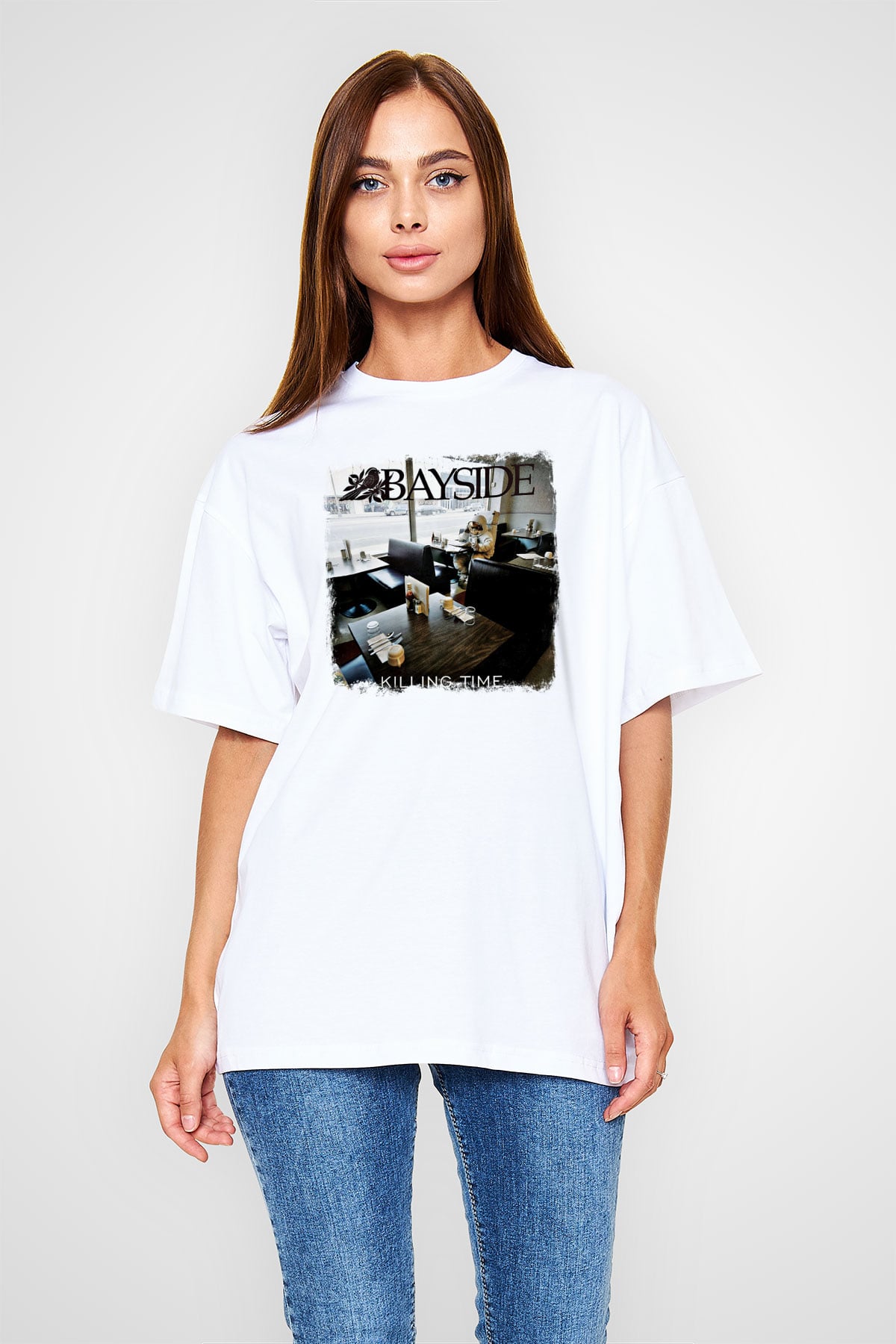 Bayside Baskılı Unisex Beyaz Oversize Tişört