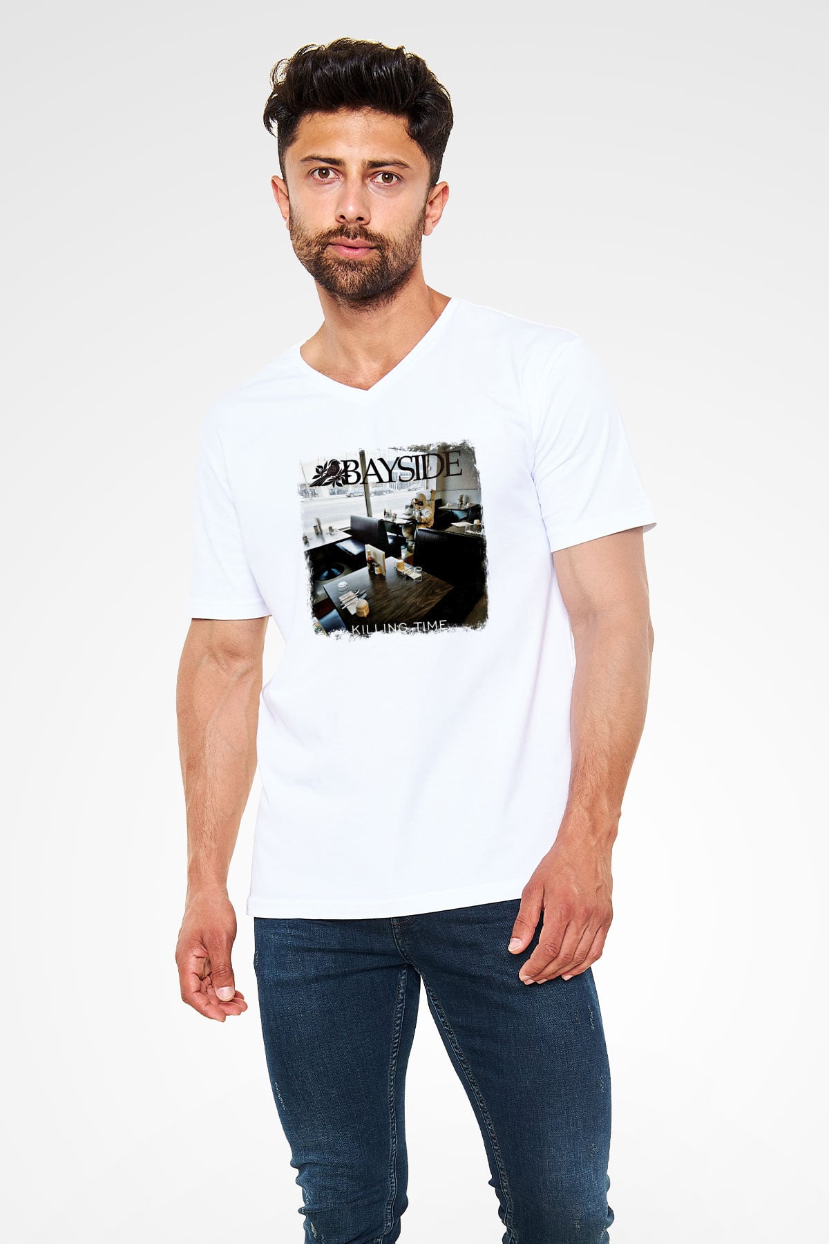 Bayside Baskılı Unisex Beyaz V Yaka Tişört
