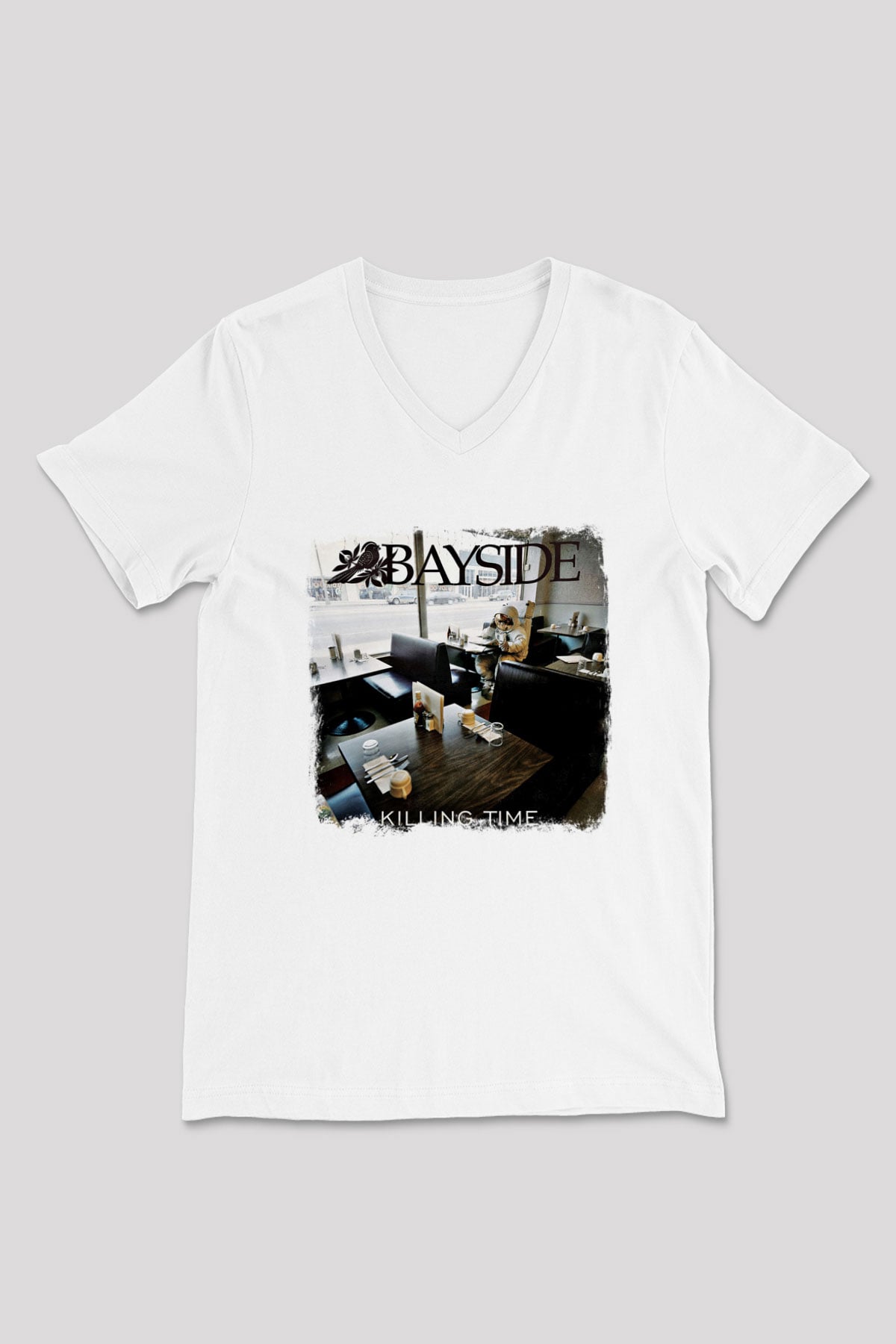 Bayside Baskılı Unisex Beyaz V Yaka Tişört