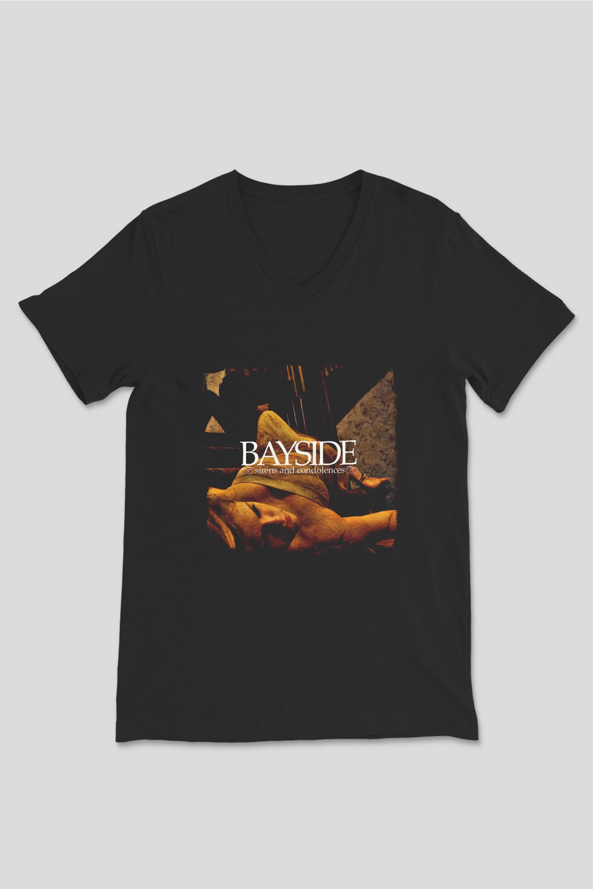 Bayside Baskılı Unisex Siyah V Yaka Tişört
