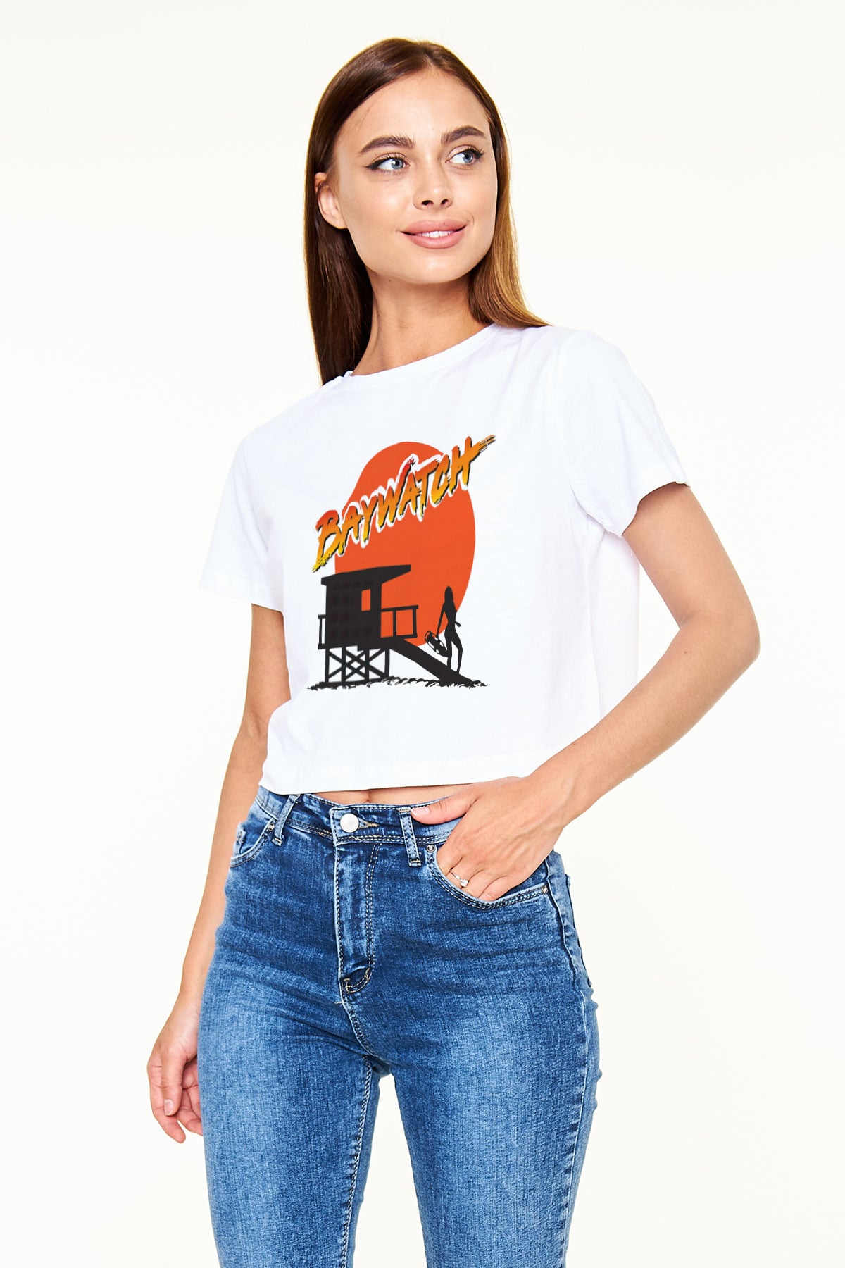 Baywatch Beyaz Croptop Tişört