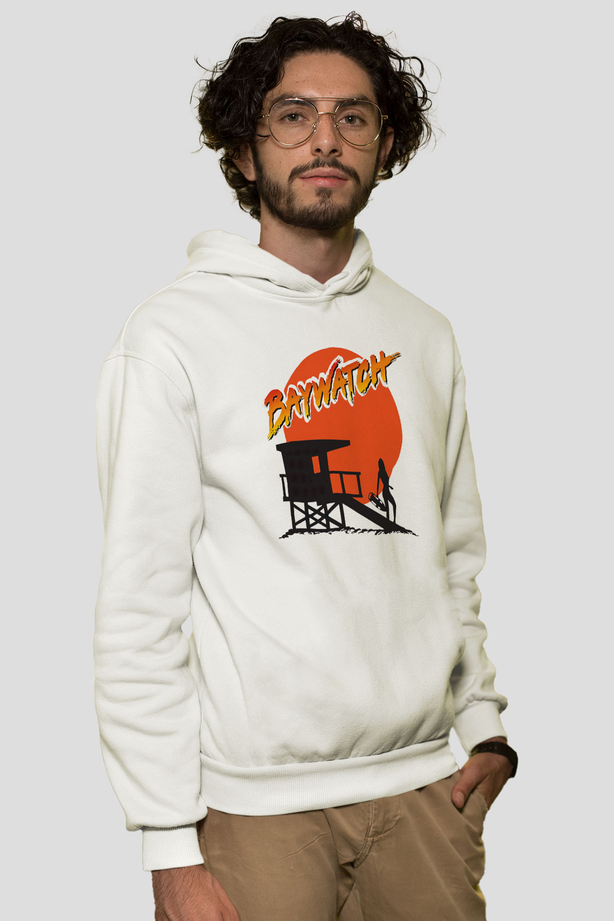 Baywatch Beyaz Unisex Kapşonlu Sweatshirt