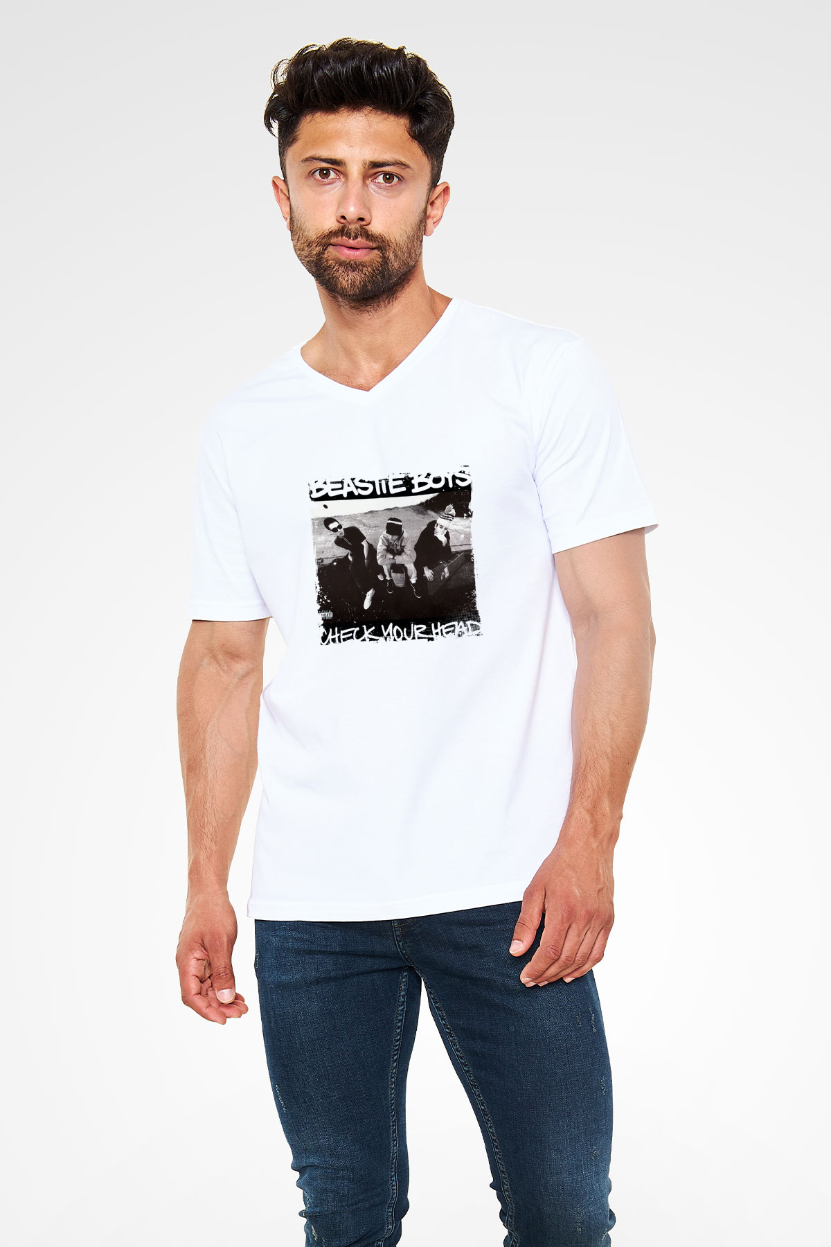 Beastie Boys Baskılı Beyaz V Yaka Unisex Tişört