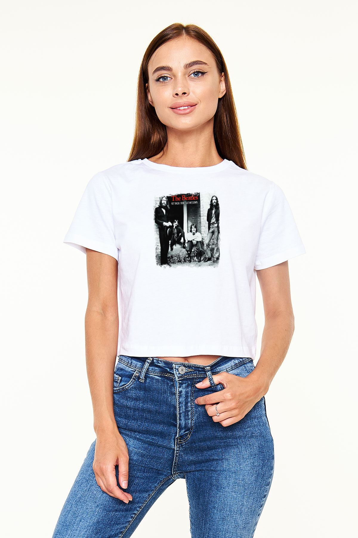 Beatles Baskılı Unisex Beyaz Crop Top Tişört
