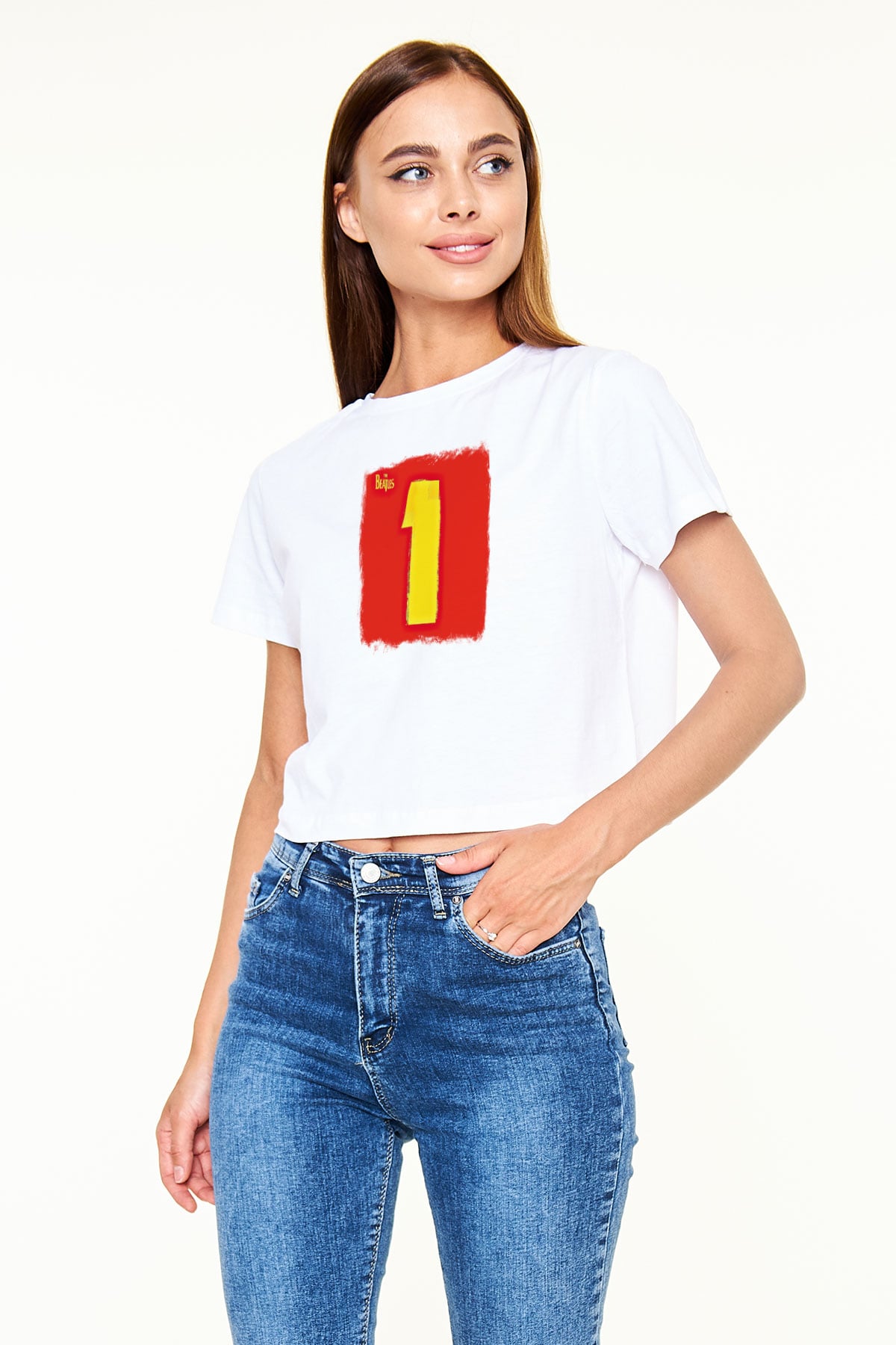Beatles Baskılı Unisex Beyaz Crop Top Tişört