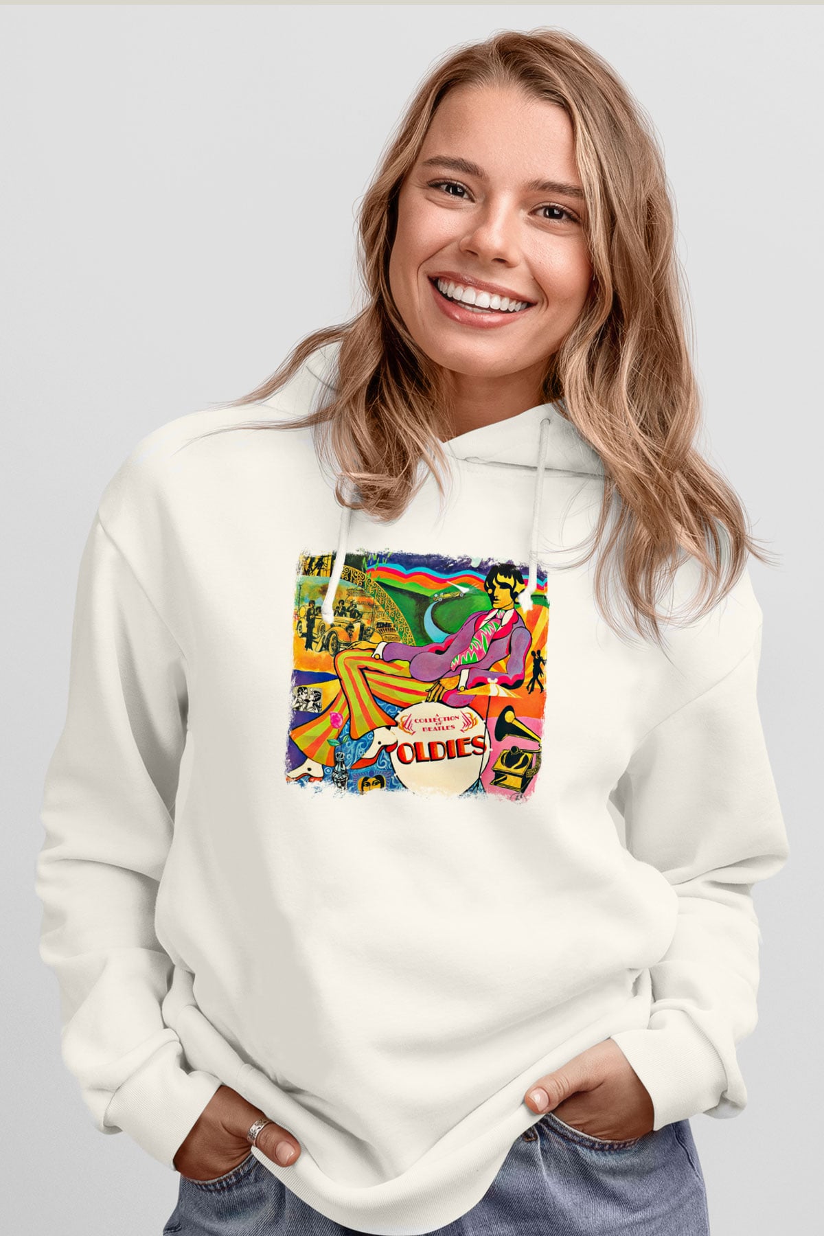 Beatles Baskılı Unisex Beyaz Hoodie