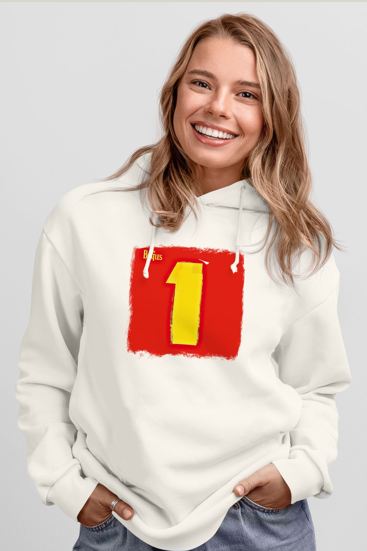Beatles Baskılı Unisex Beyaz Hoodie