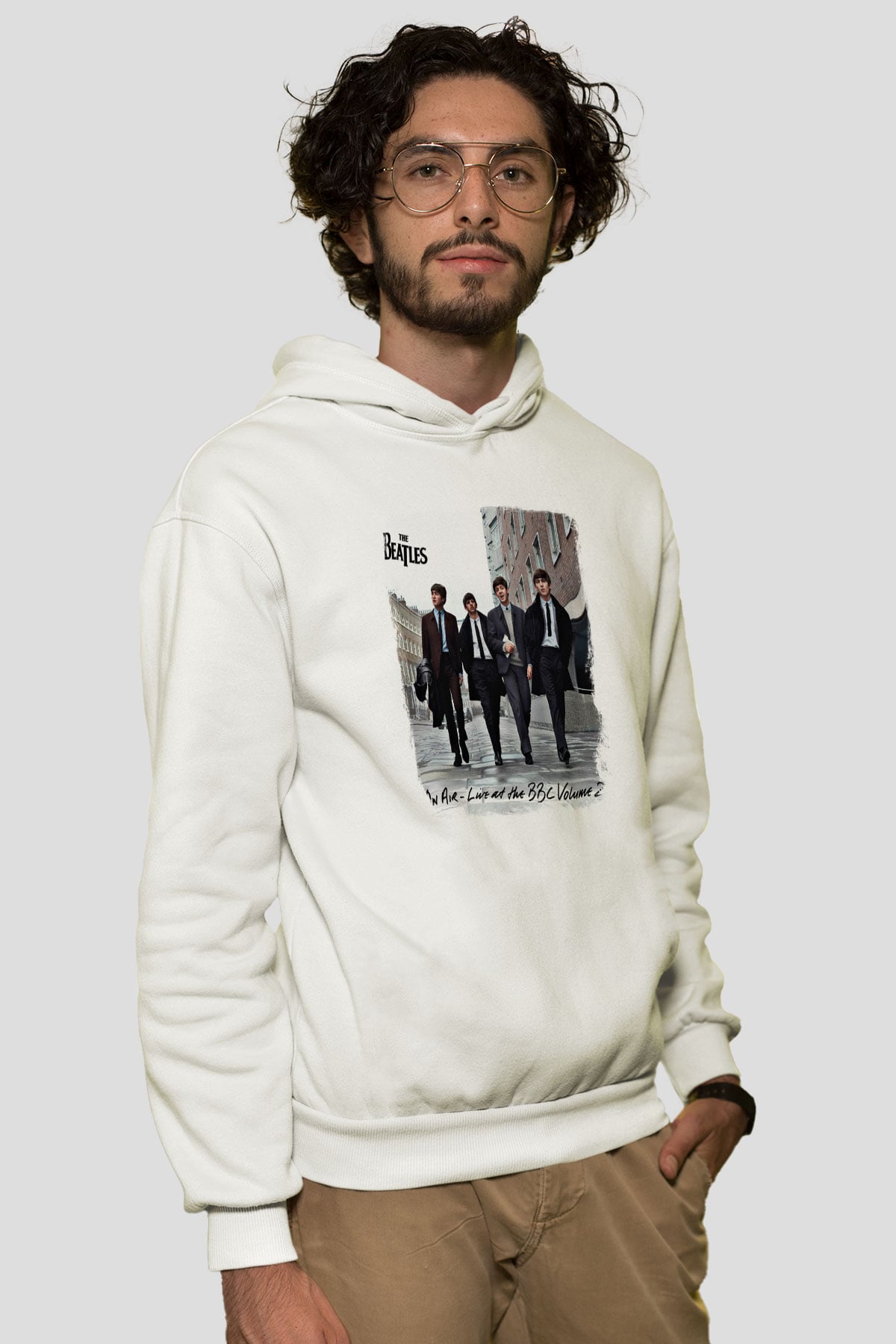 Beatles Baskılı Unisex Beyaz Hoodie