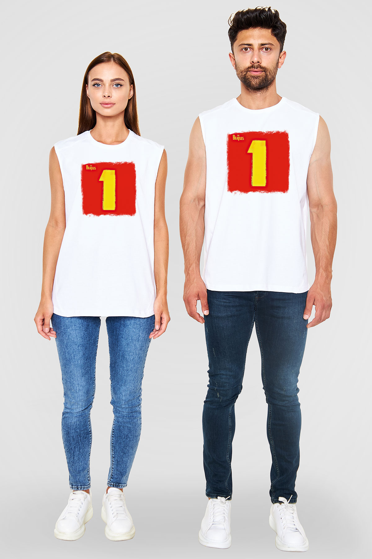 Beatles Baskılı Unisex Beyaz Kolsuz Tişört