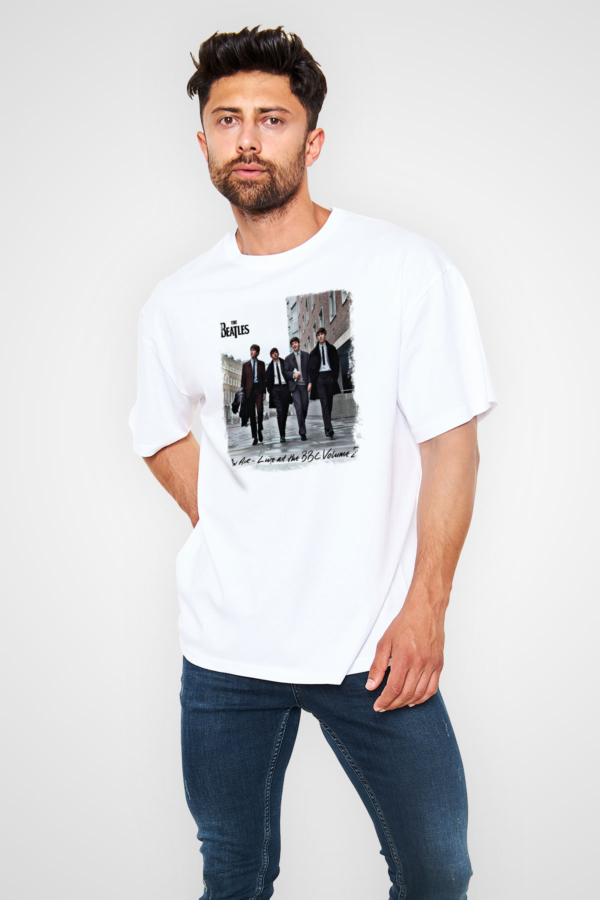 Beatles Baskılı Unisex Beyaz Oversize Tişört