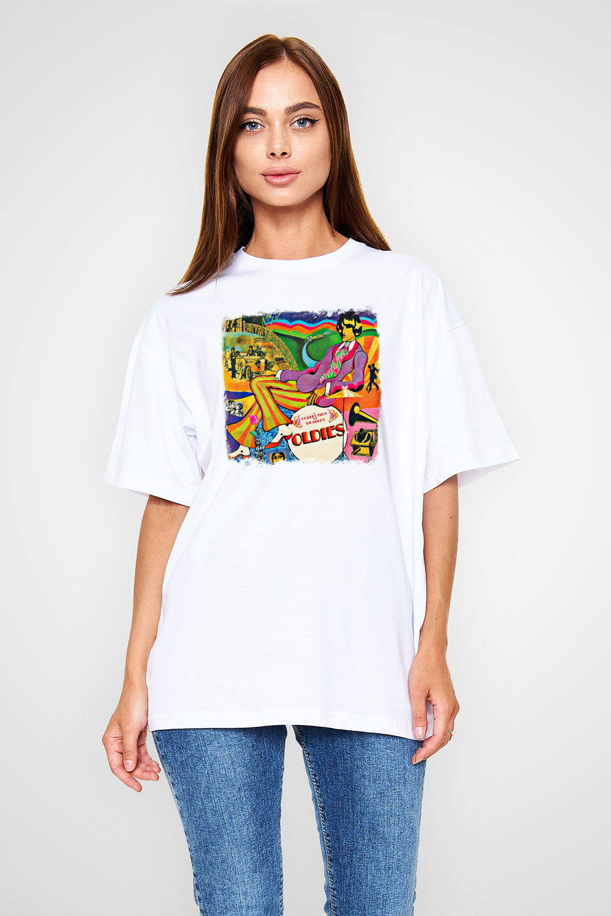 Beatles Baskılı Unisex Beyaz Oversize Tişört