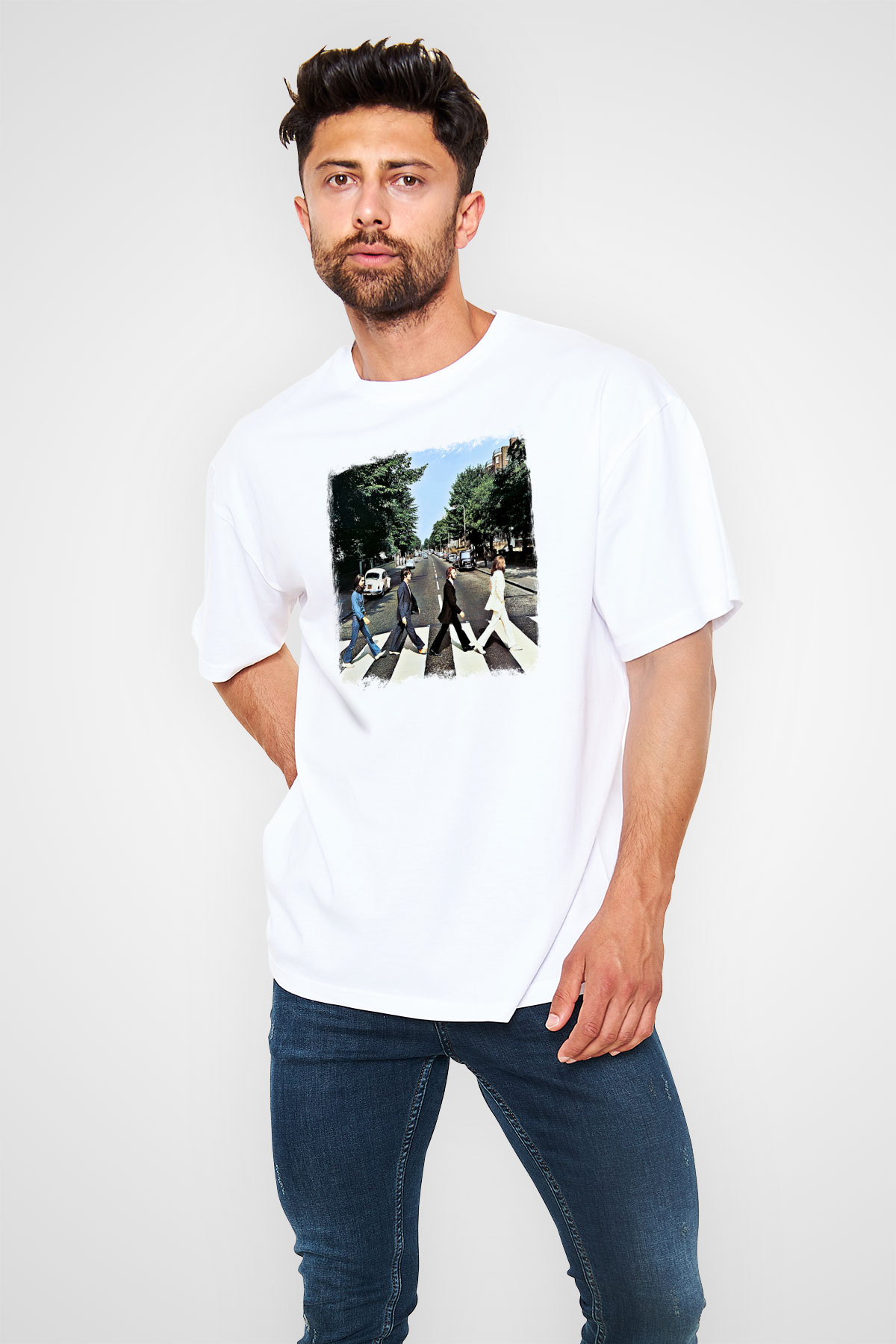 Beatles Baskılı Unisex Beyaz Oversize Tişört