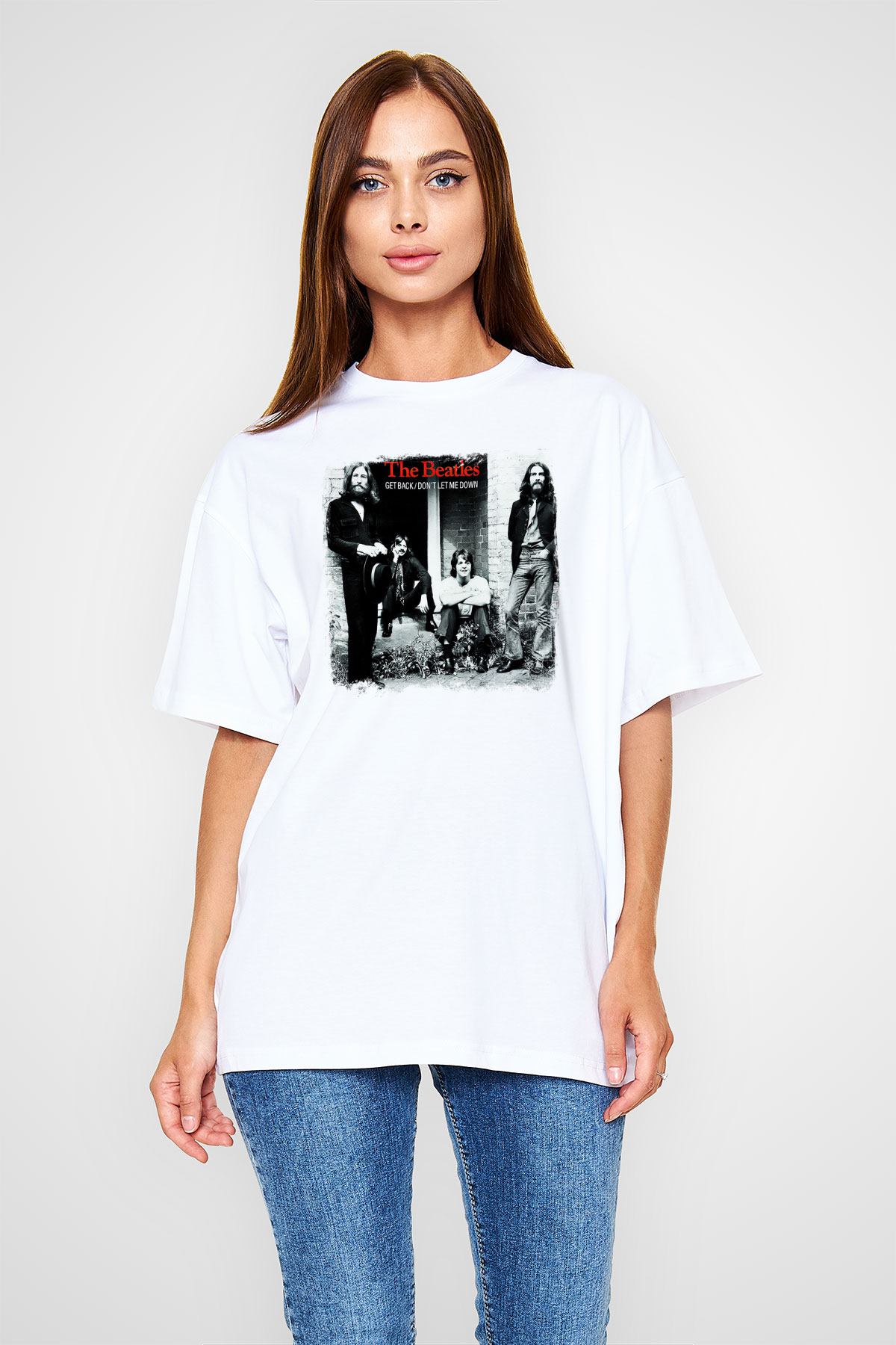 Beatles Baskılı Unisex Beyaz Oversize Tişört